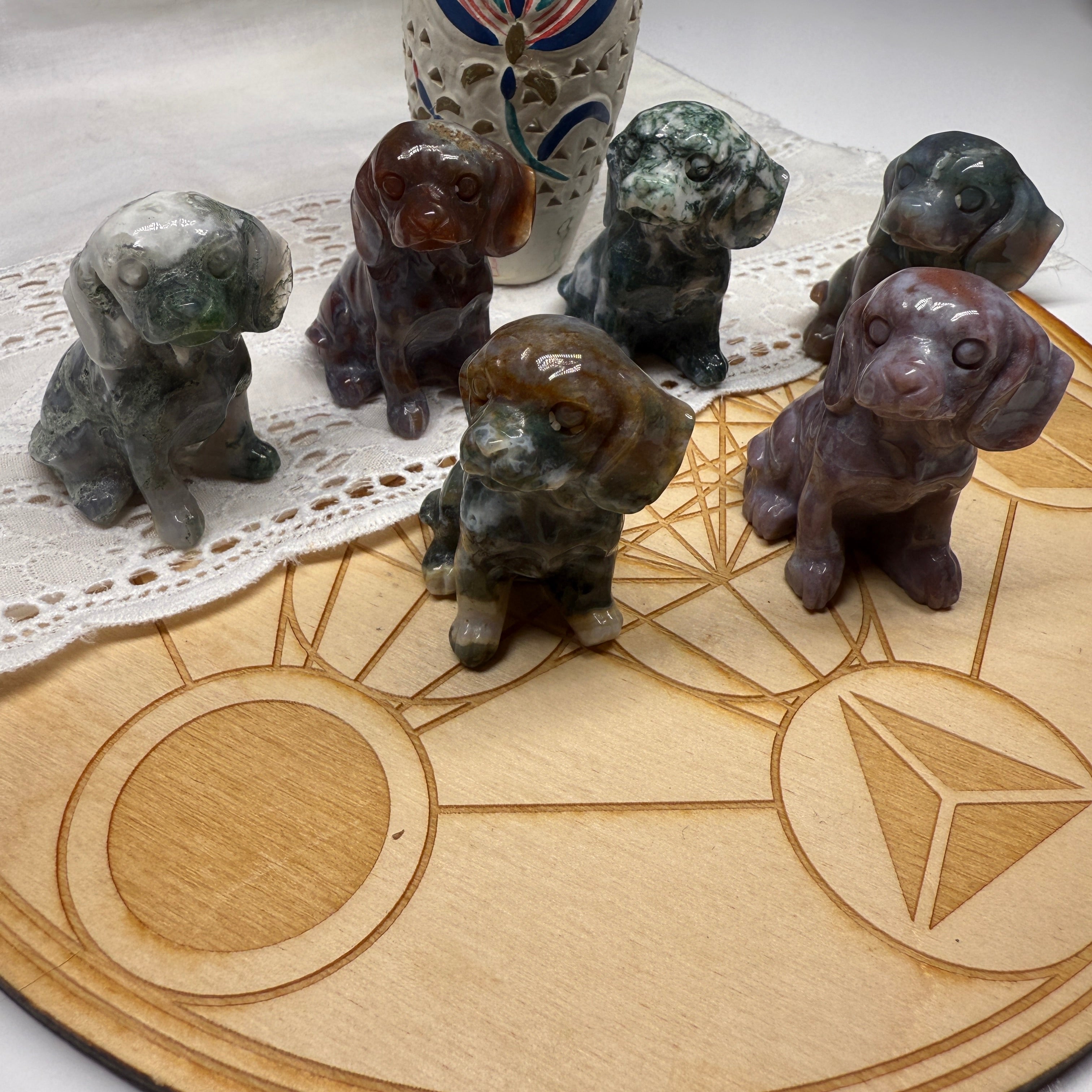 Cute Moss Agate Puppy Crystal Carvings