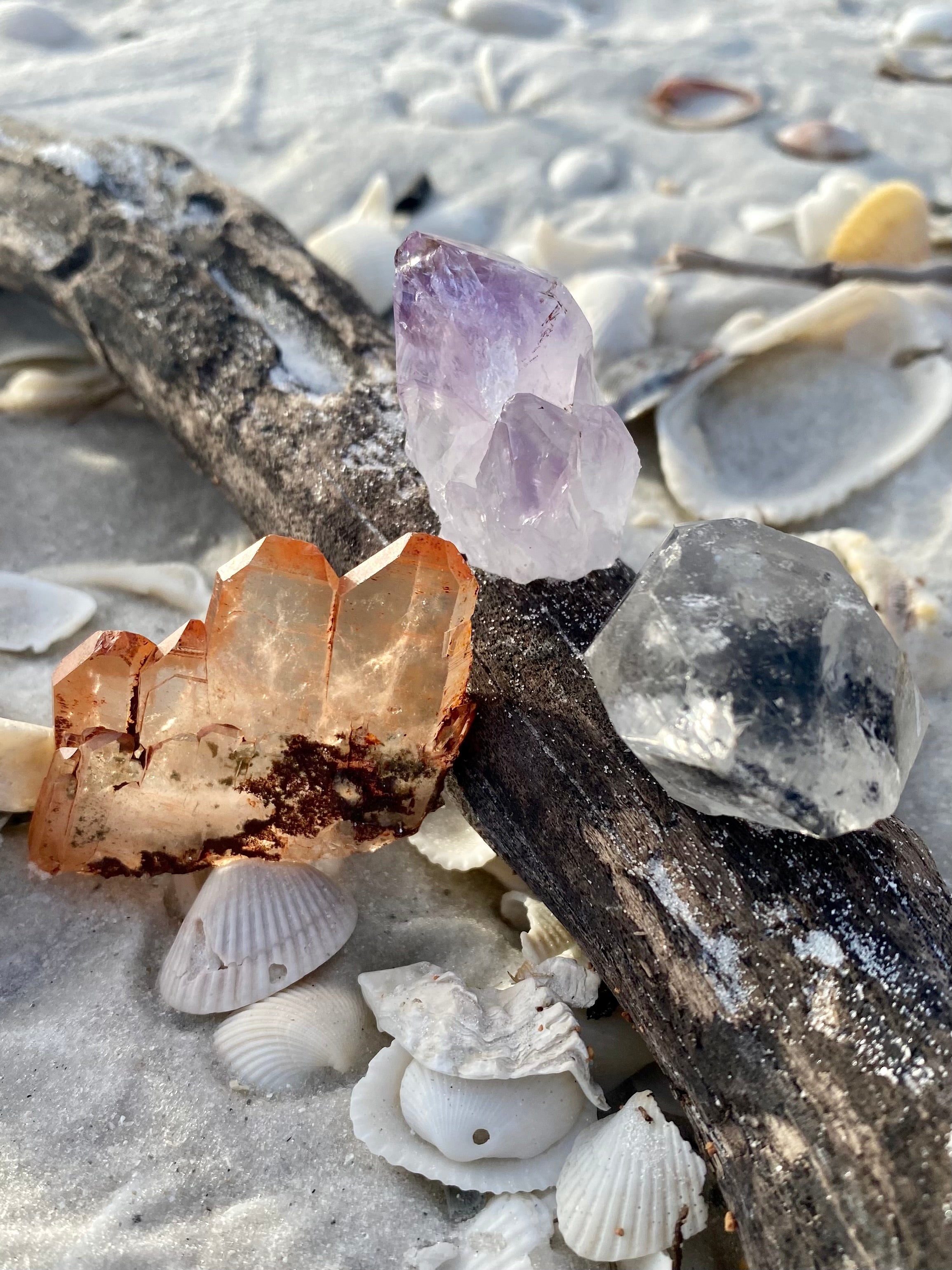 Red Hematoid Quartz Point, Tibetan Quartz Crystal and Amethyst Point Gemstone Set of Three