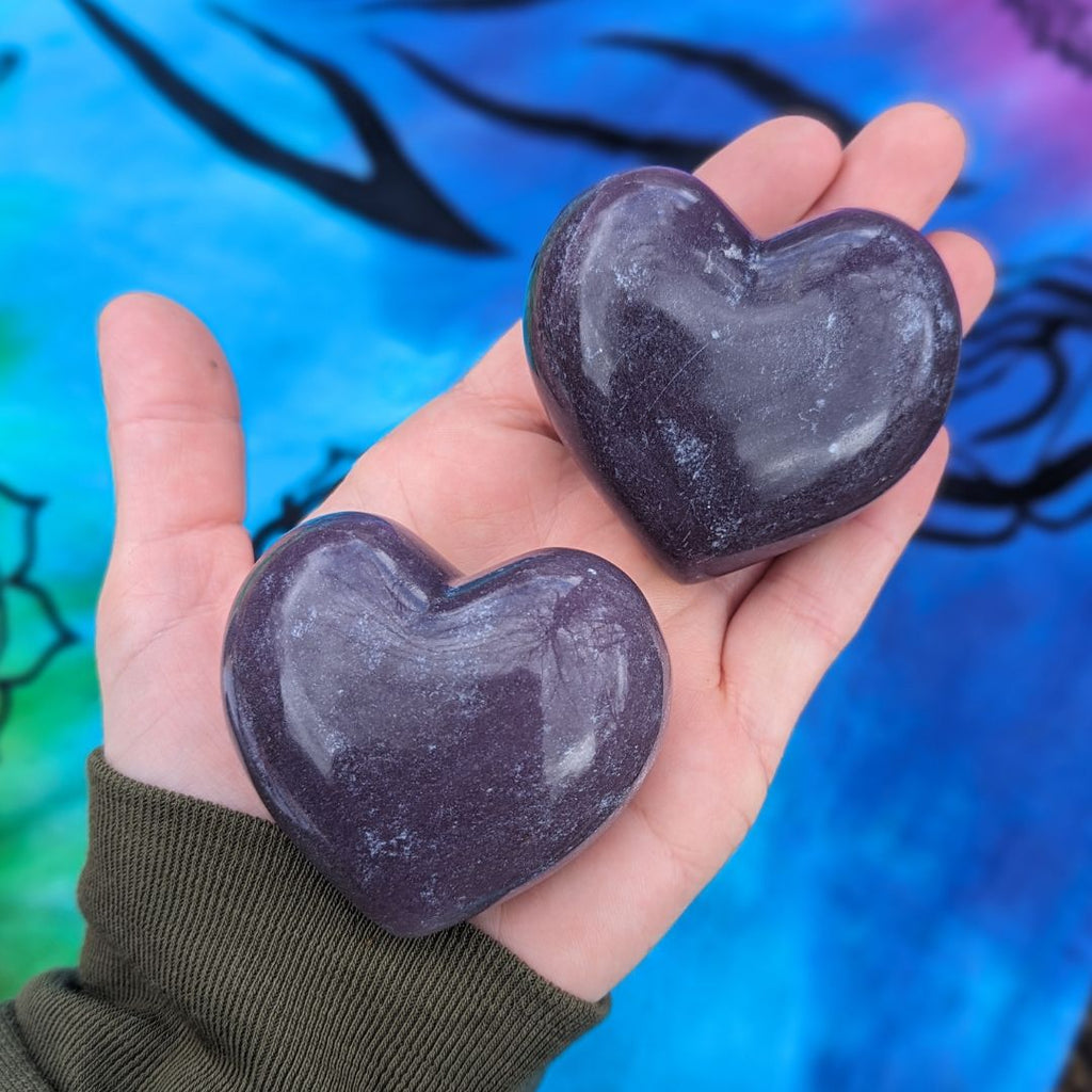 Quantum Heart Healing ~ Purple Lepidolite Puffy Heart Handheld Carvings ~ Mined and Carved in North Dakota, USA - Earth Family Crystals
