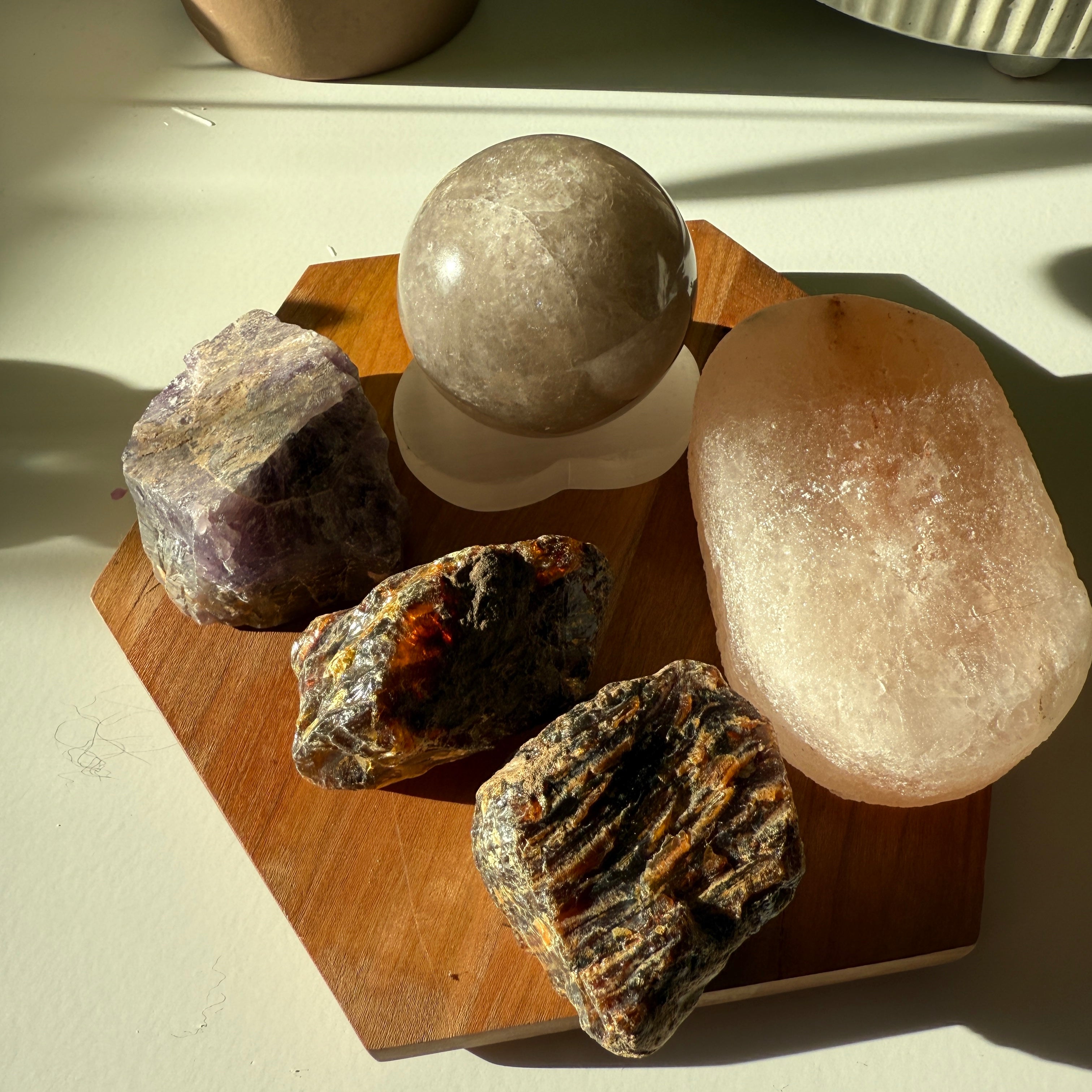 Healing Set Auralite, Smoky Quartz Sphere, Selenite, Sumatran Amber and Himalayan Salt Crystal