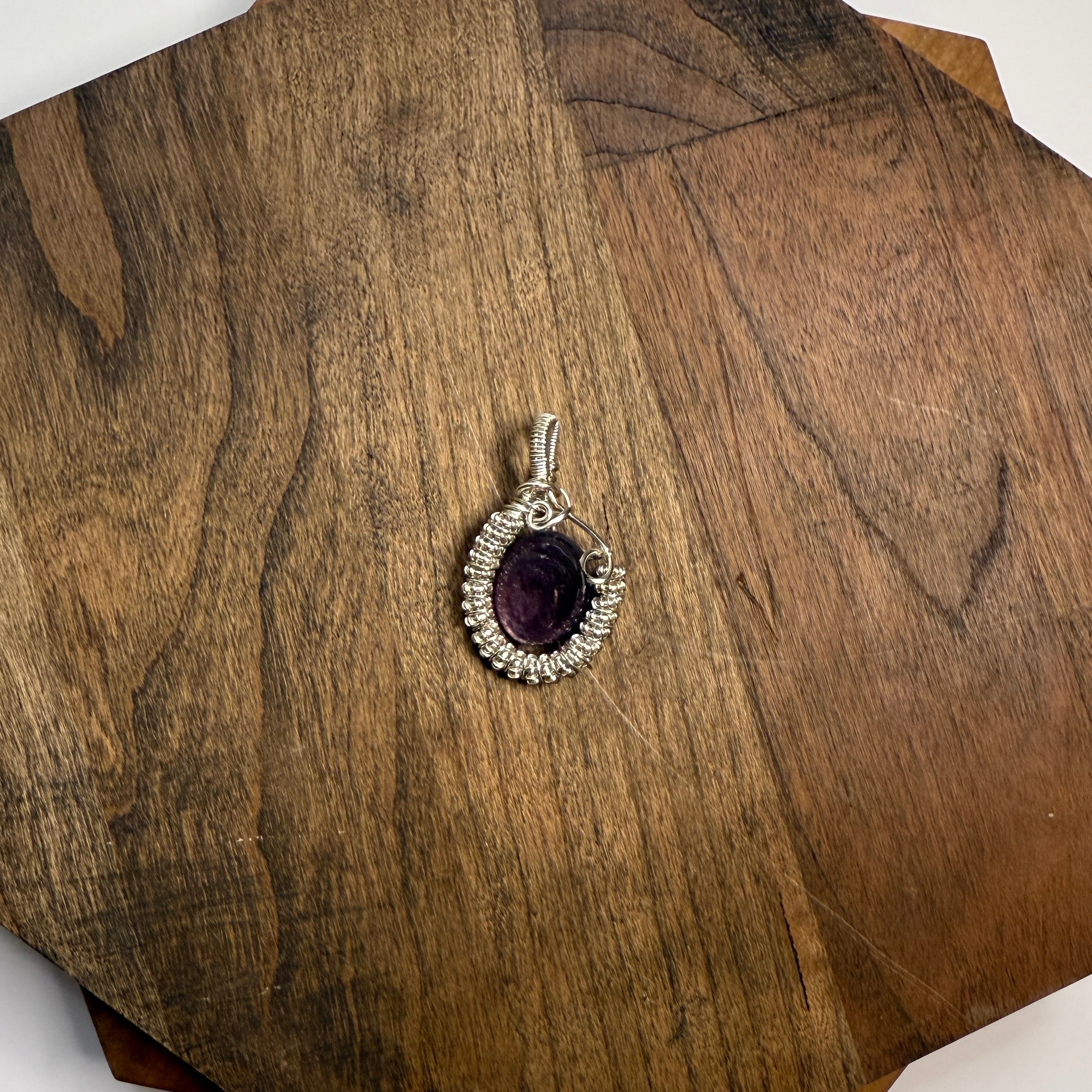 Lilac Lepidolite Mica Polished Gemstone Wire Wrapped Pendant and Silver Chain