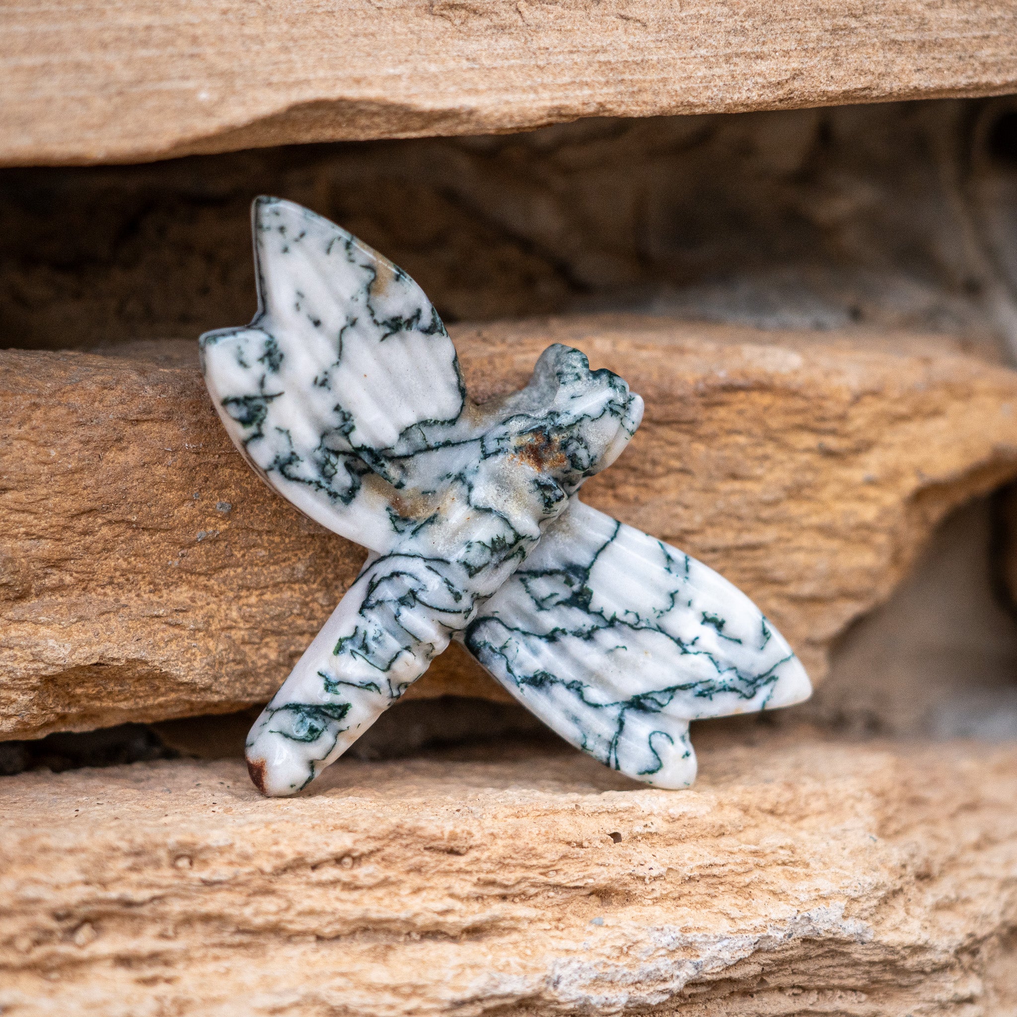 Decorative moss agate stone dragonfly on a wooden surface