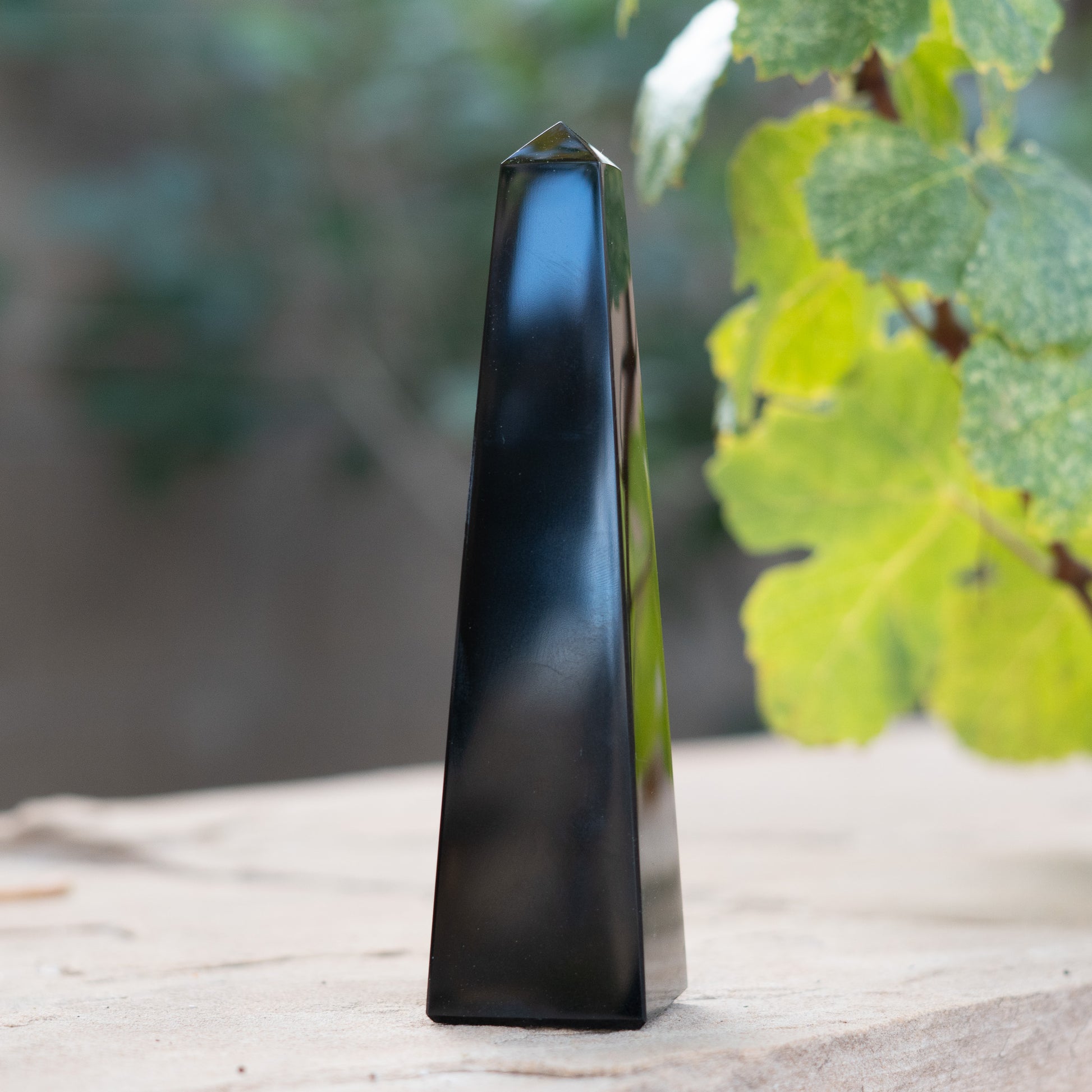 a black obsidian crystal carved as an obelisk on a surface with green foliage in the background