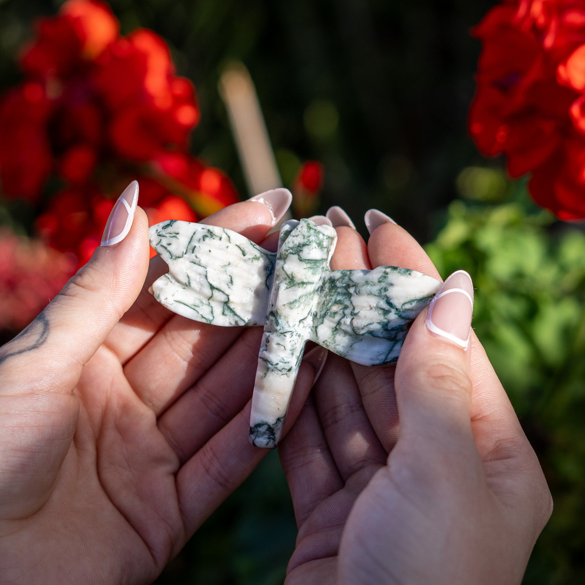 Hands holding two green moss agate stones with red flowers in the background