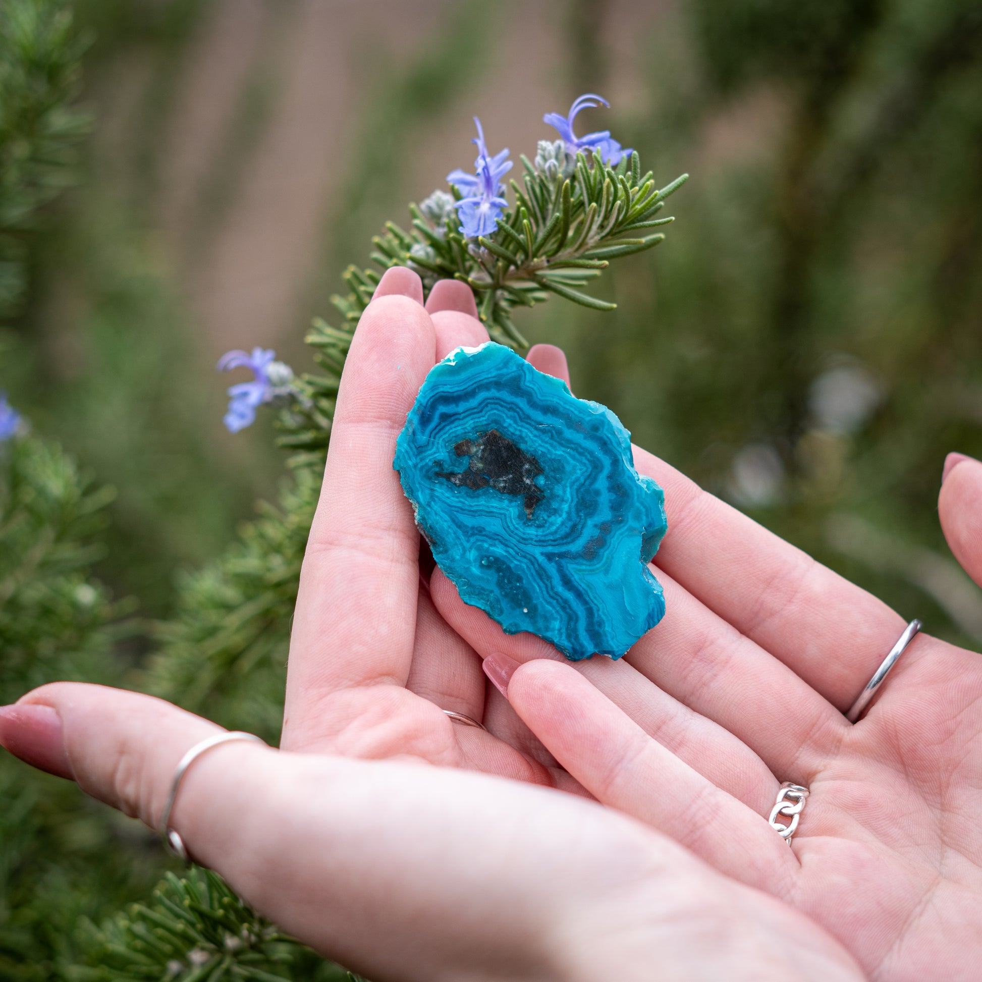 Hands holding a blue chrysocolla crystal slice in a natural and serene setting to enhance spirit and energy