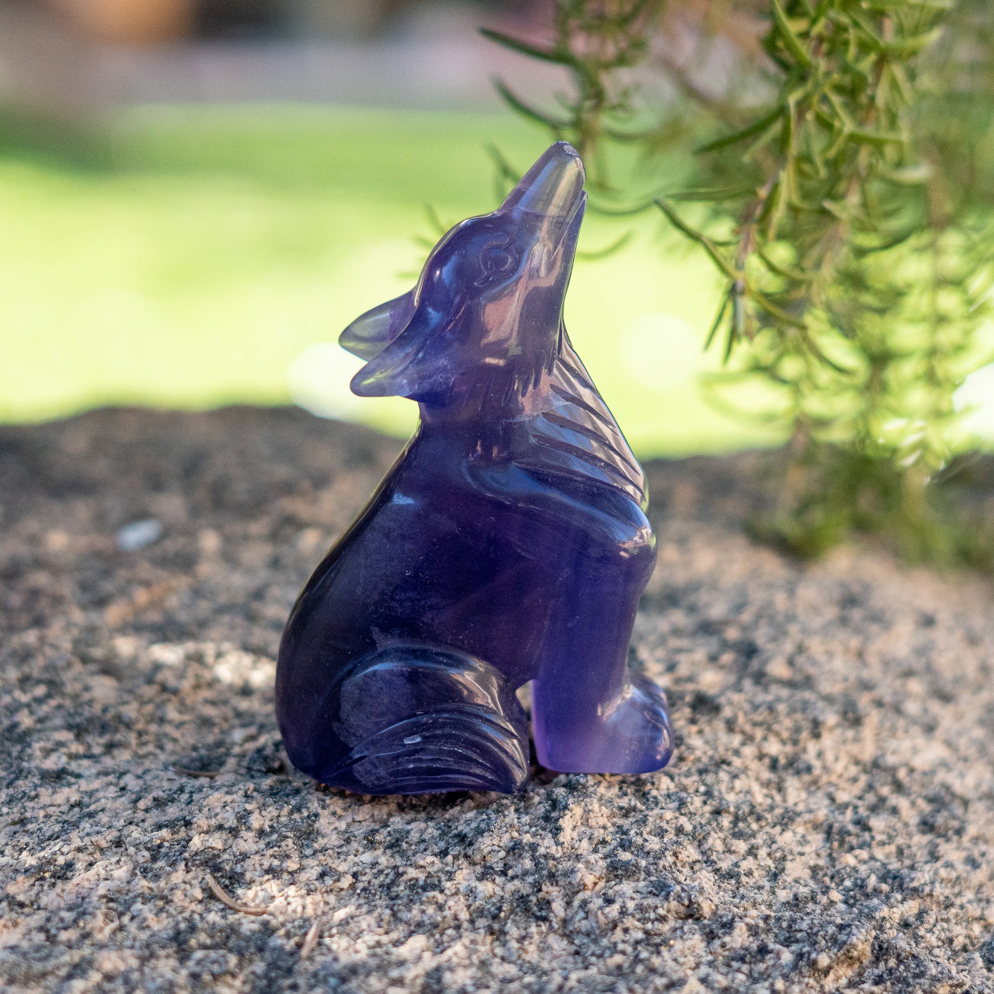 Purple crystal animal figurine on a natural stone surface with greenery in the background