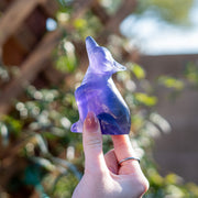 Hand holding a purple crystal wolf figurine with a blurred natural background