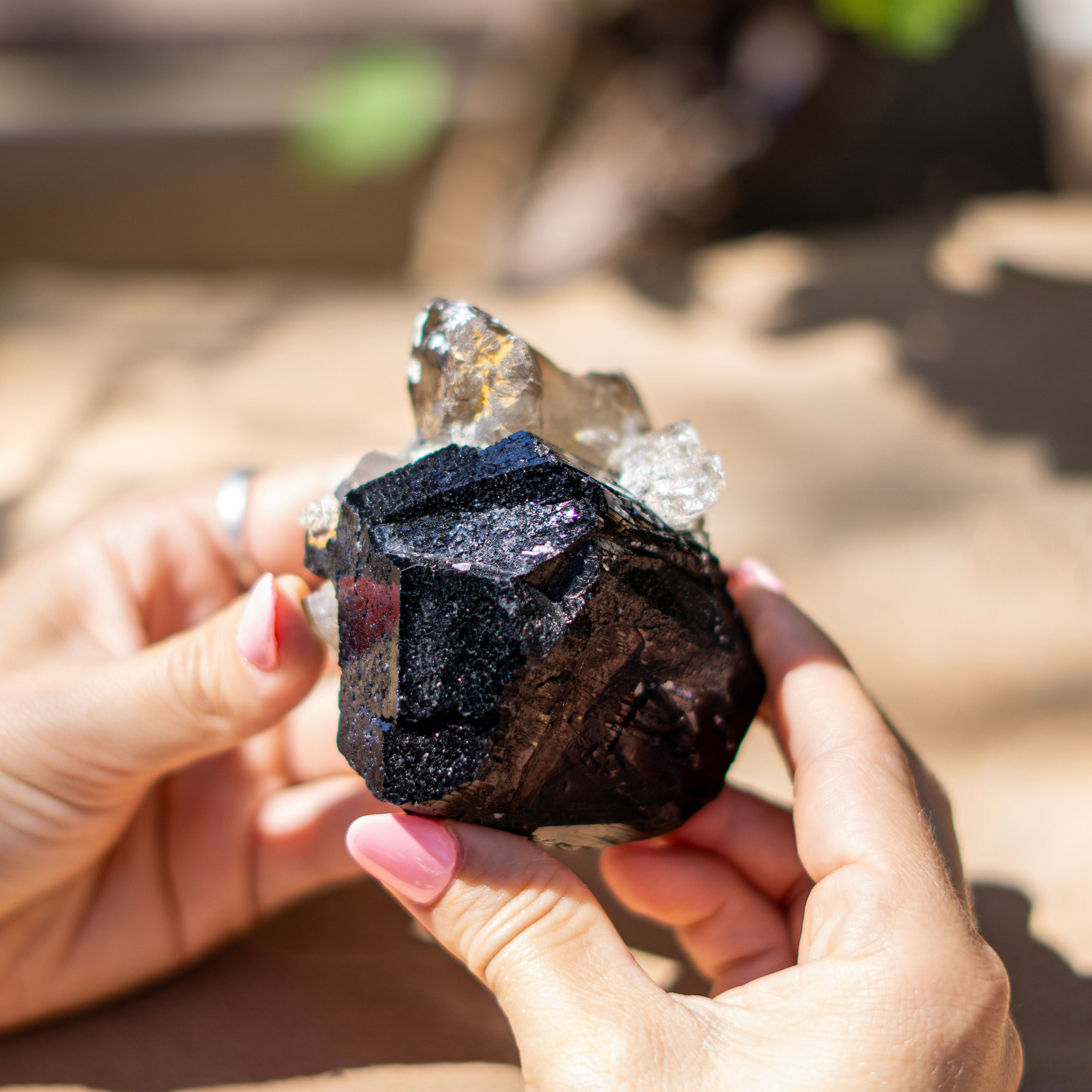 Naturally Terminated Black Tourmaline with Hyalite Opal & Smoky