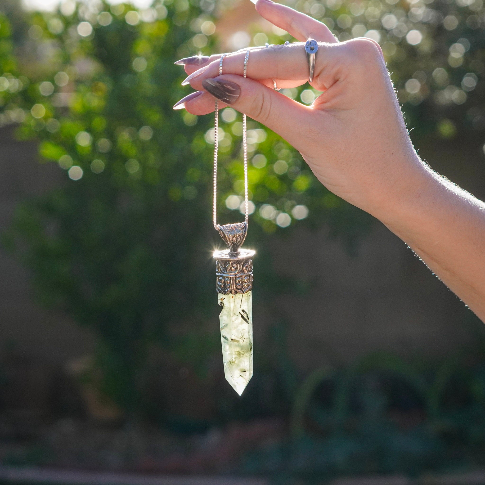 Prehnite with Epidote Crystal Point Amulet Pendant