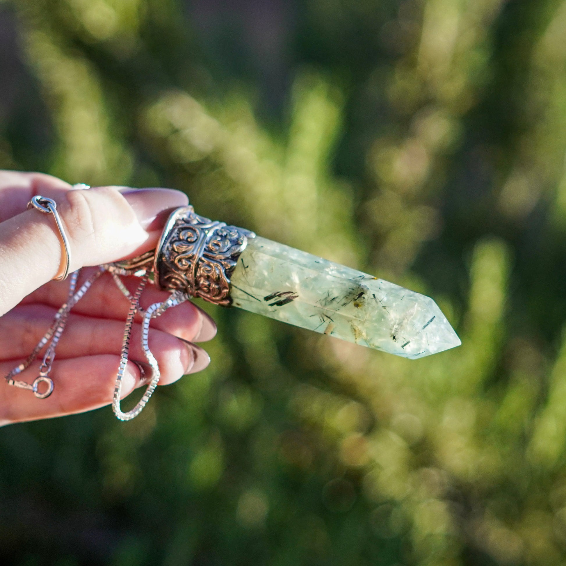 Prehnite with Epidote Crystal Point Amulet Pendant