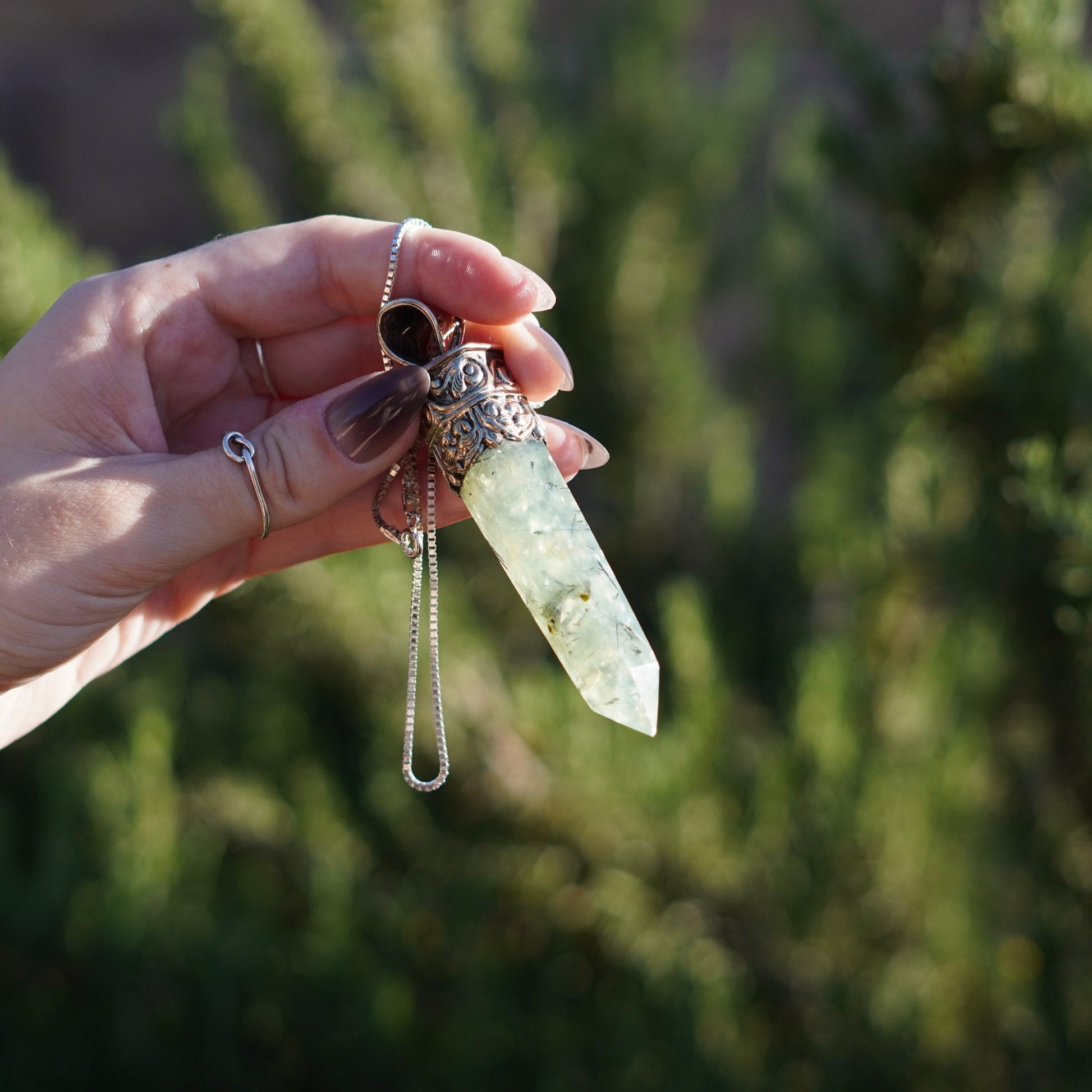 Prehnite with Epidote Crystal Point Amulet Pendant