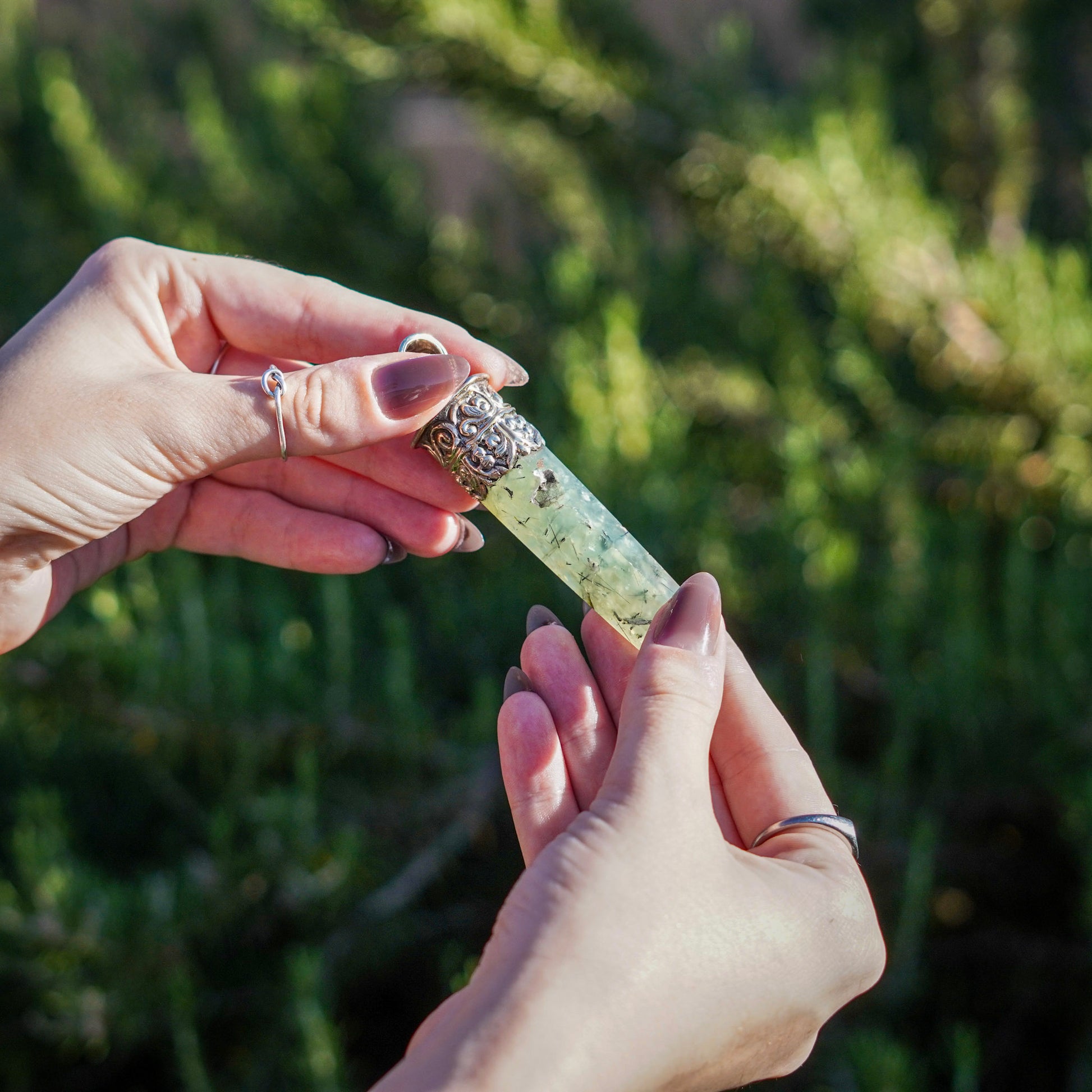 Prehnite with Epidote Crystal Point Amulet Pendant