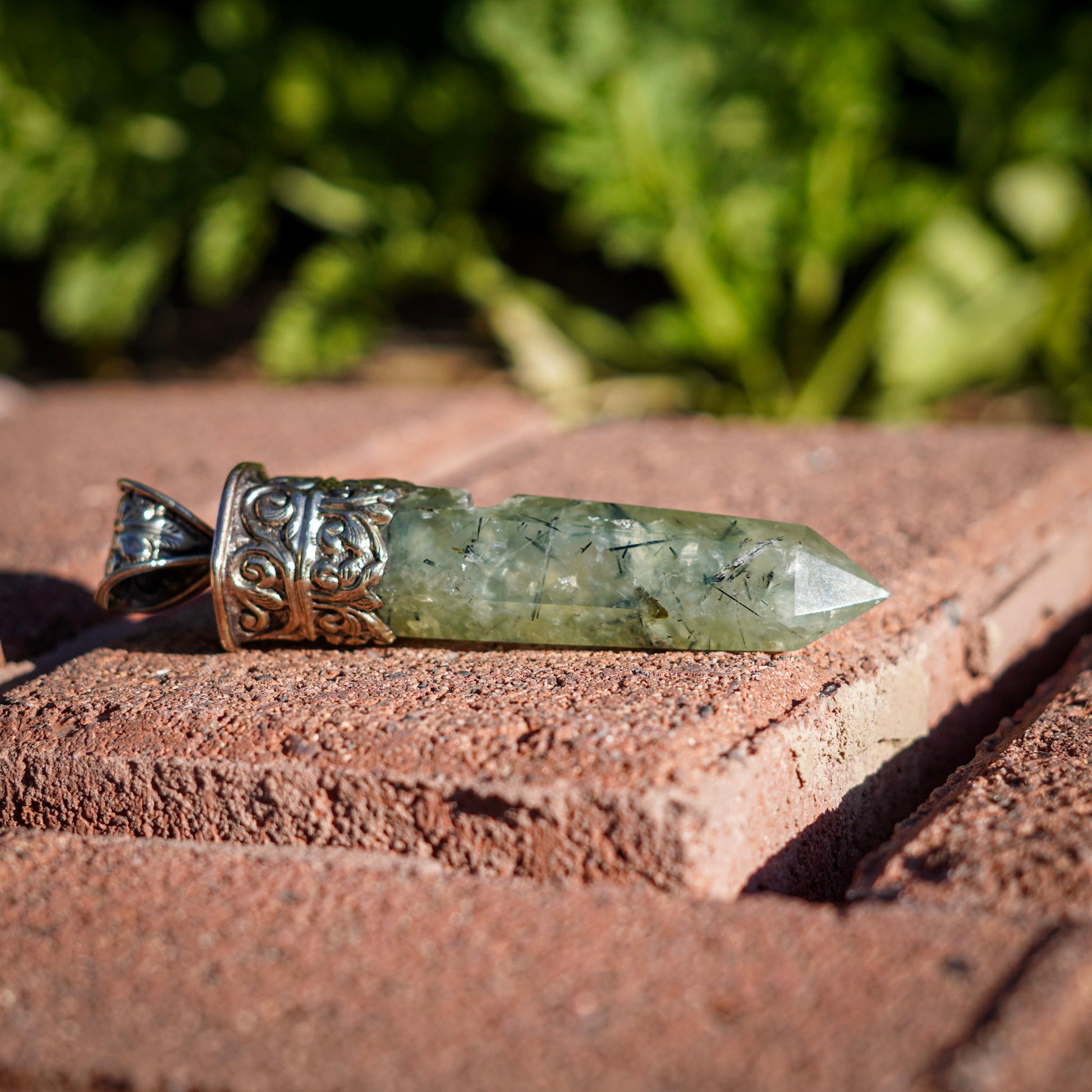 Prehnite with Epidote Crystal Point Amulet Pendant