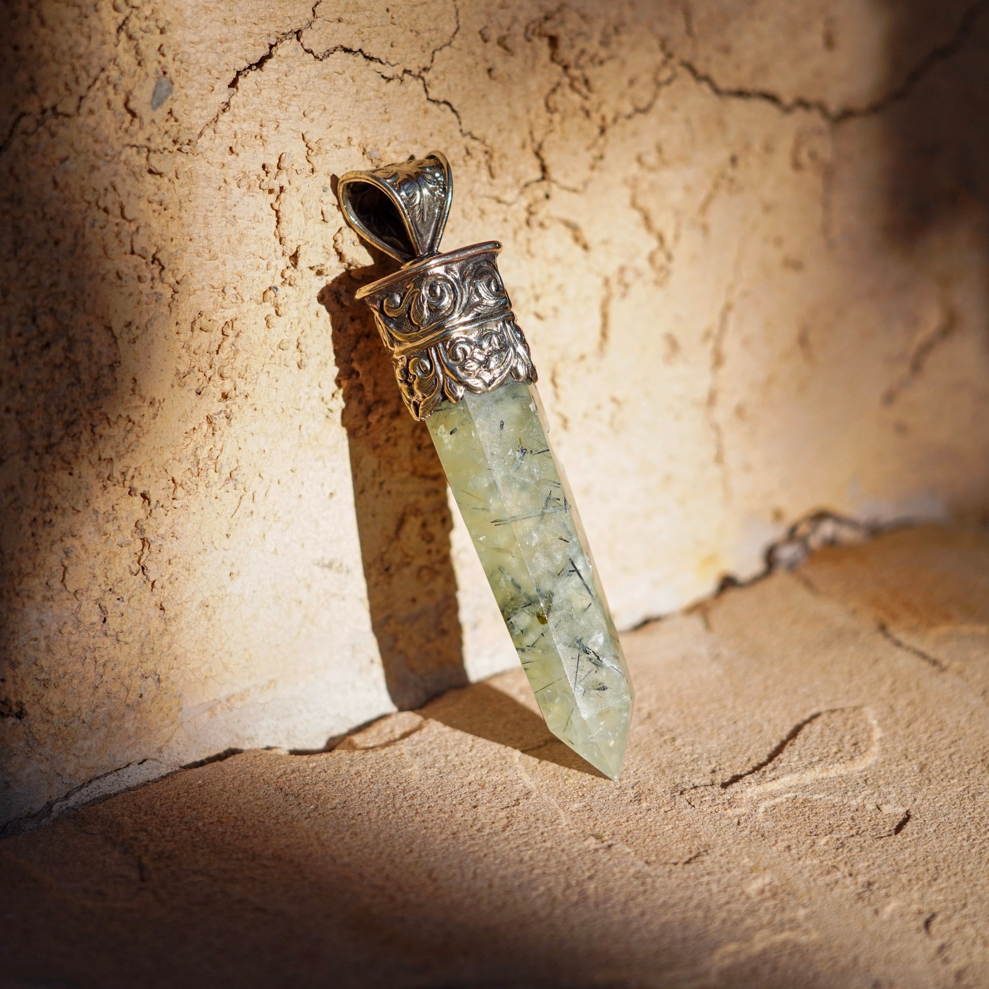 Prehnite with Epidote Crystal Point Amulet Pendant