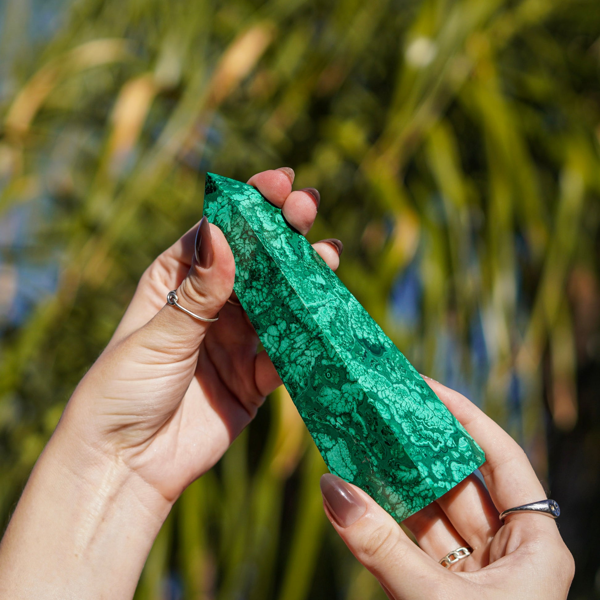 Radiant Green Malachite Obelisk Tower Carvings from the Congo