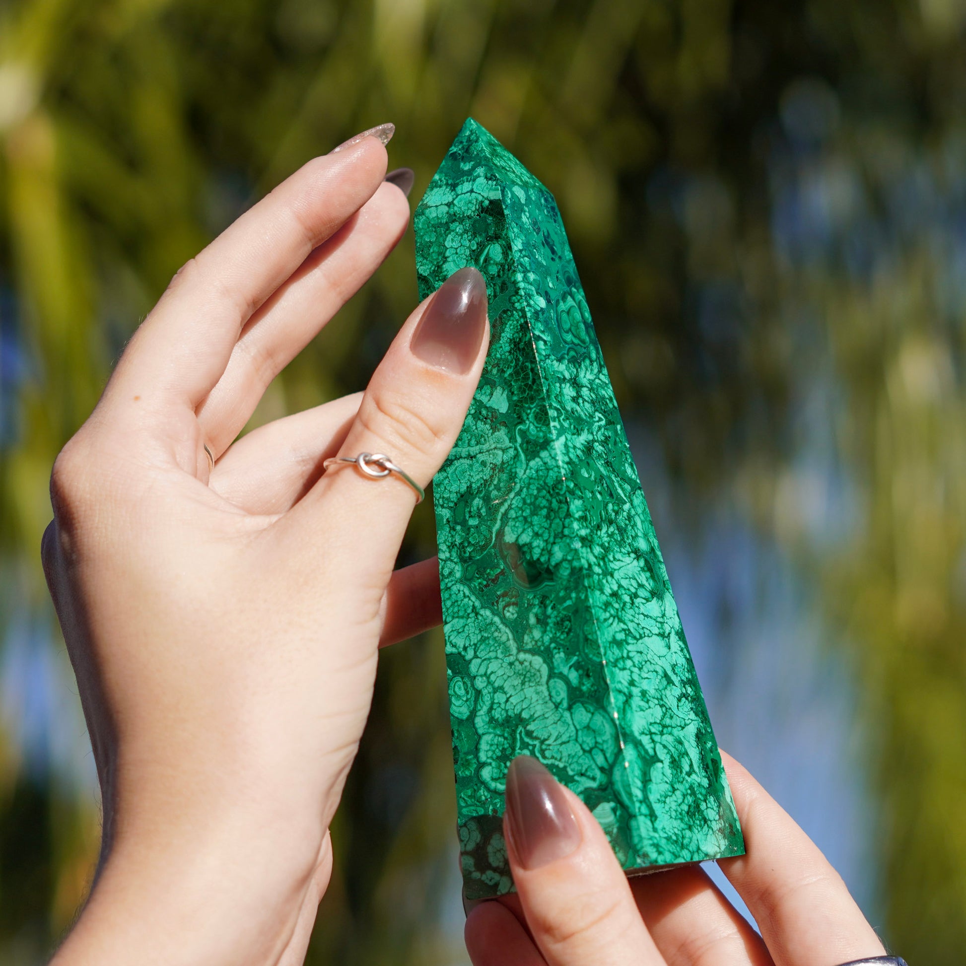Radiant Green Malachite Obelisk Tower Carvings from the Congo