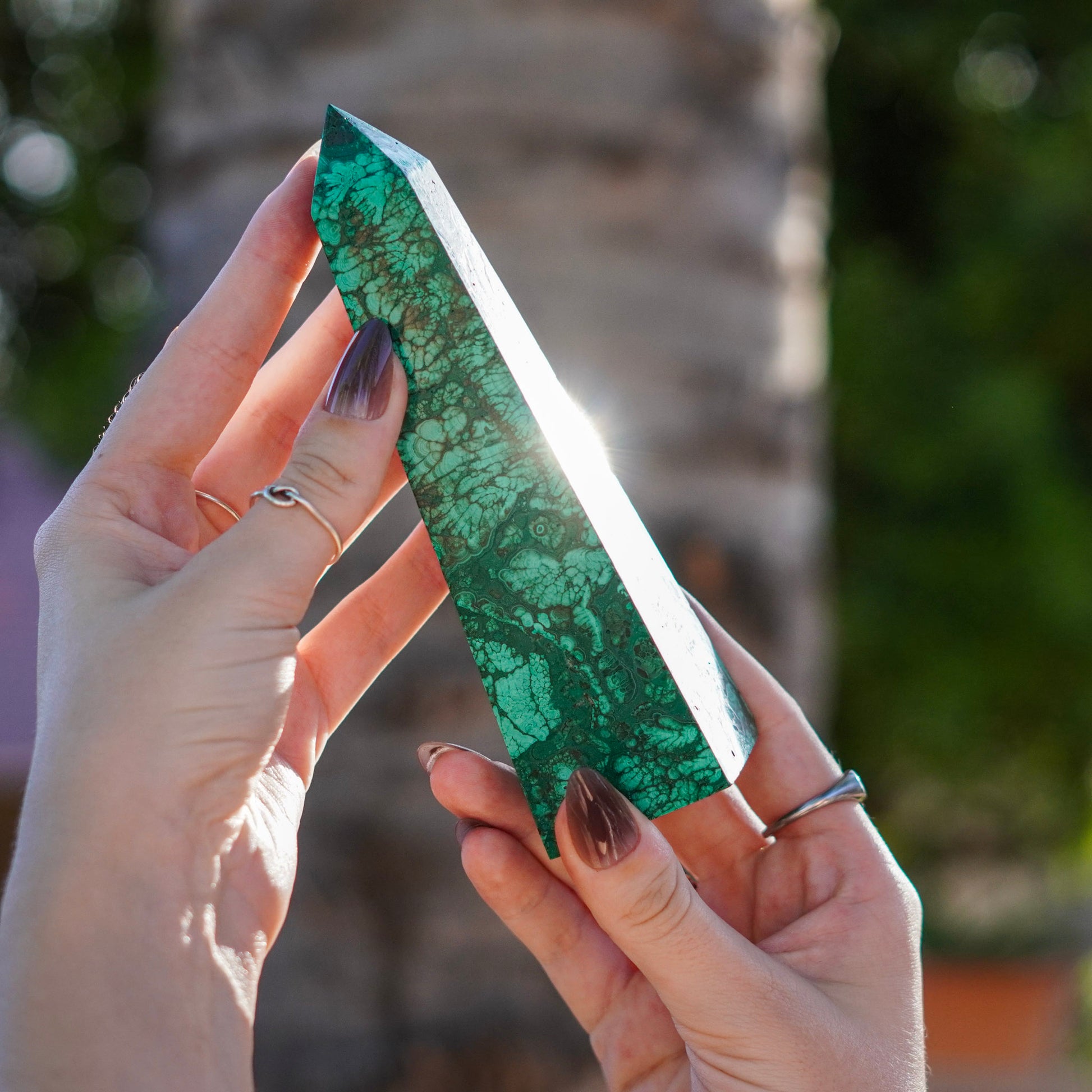 Radiant Green Malachite Obelisk Tower Carvings from the Congo