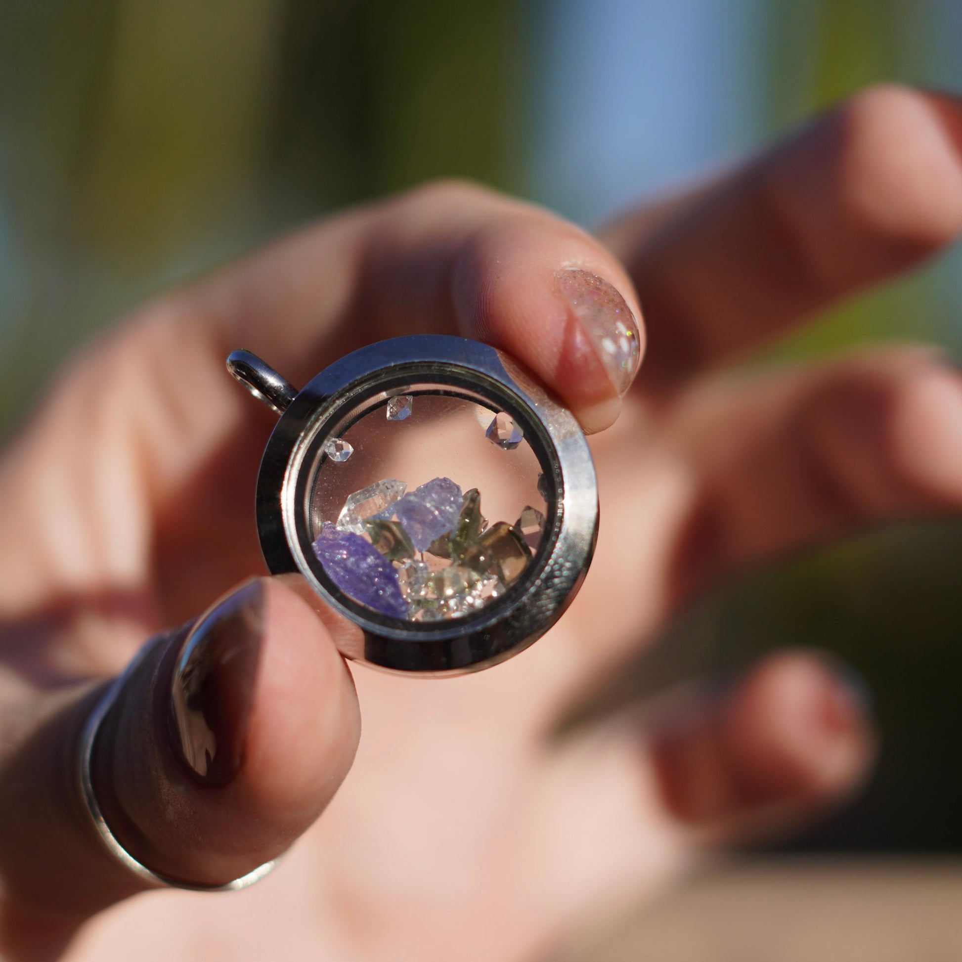 Tanzanite, Herkimer and Moldavite Gemstone Locket
