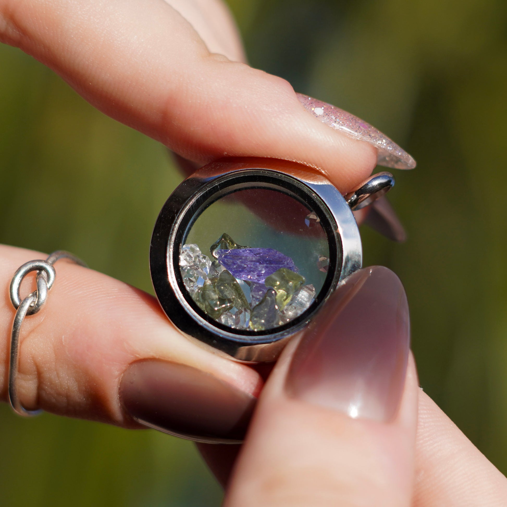 Tanzanite, Herkimer and Moldavite Gemstone Locket