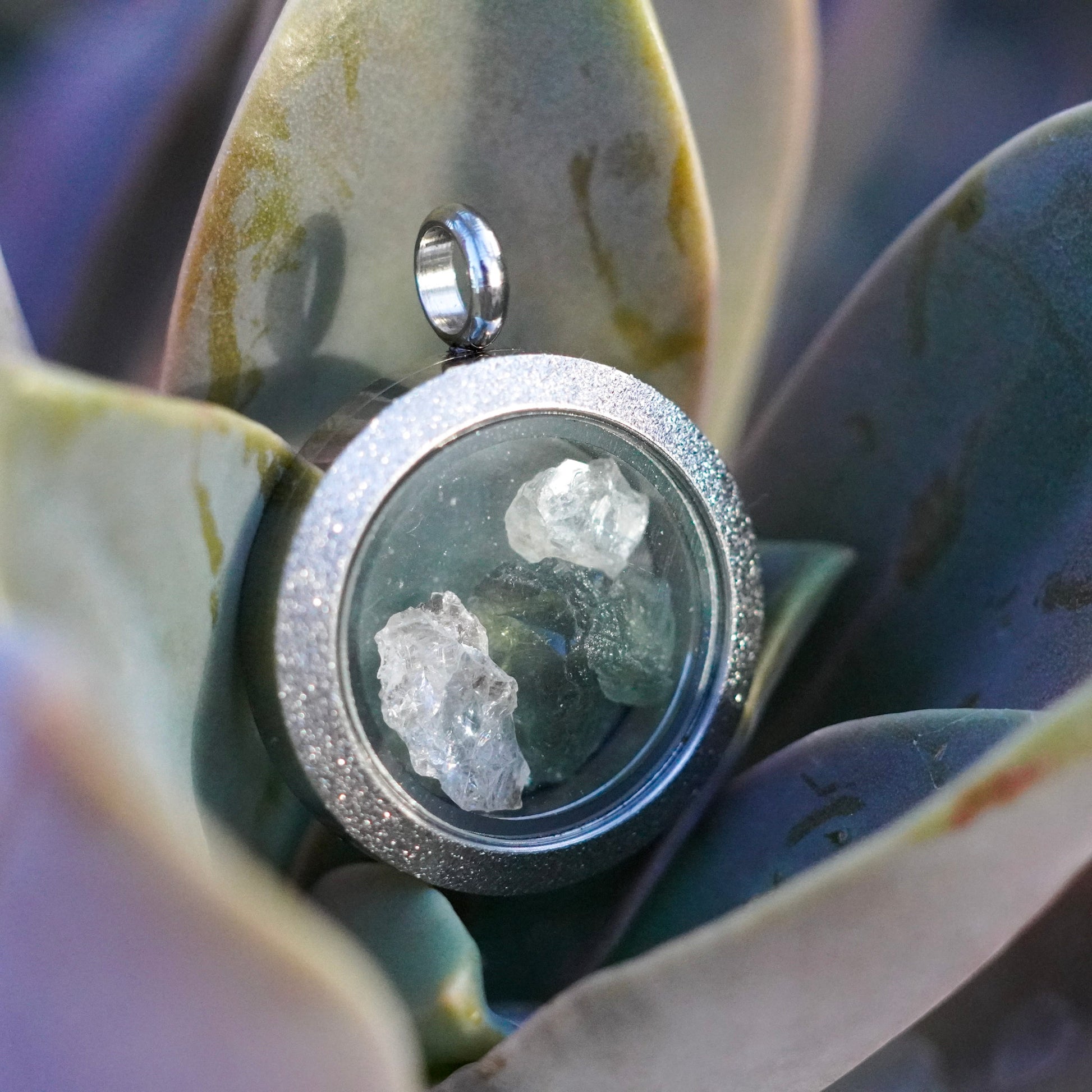 Phenakite and Moldavite Crystal Jewelry Locket