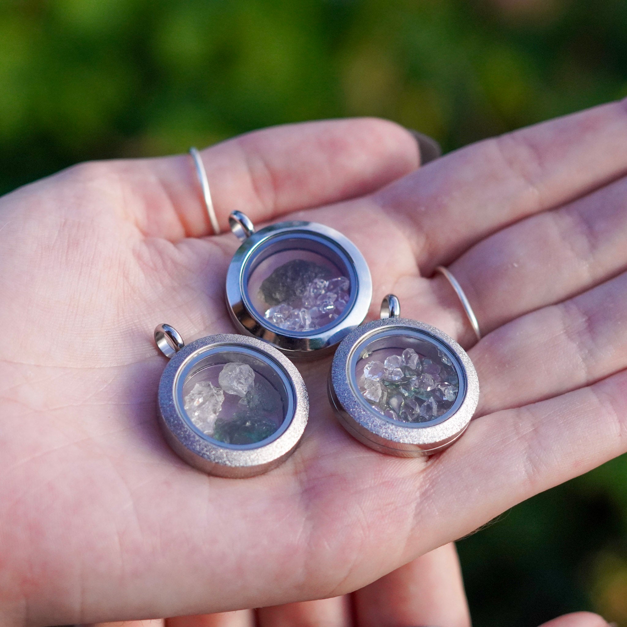 Moldavite and Herkimer Diamond Crystal Jewelry Locket
