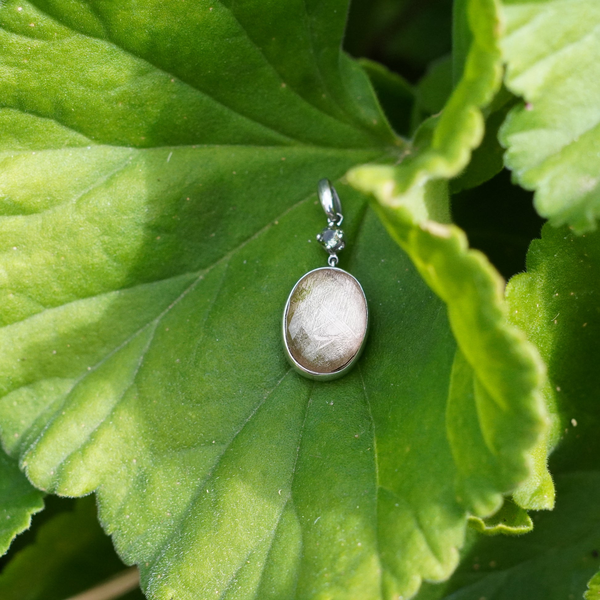 Iron Meteorite with Dainty Moldavite Gemstone Silver Pendant
