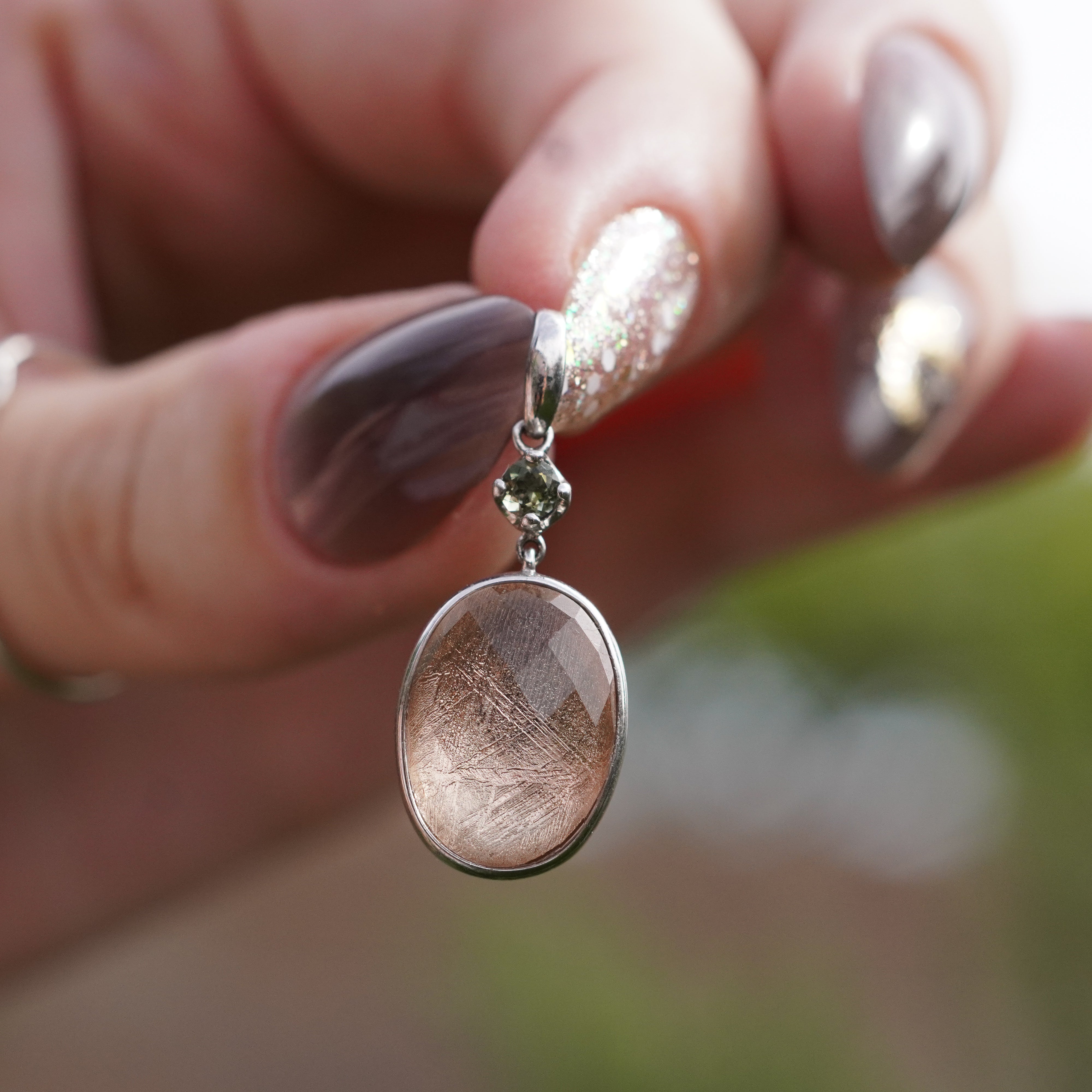 Iron Meteorite with Dainty Moldavite Gemstone Silver Pendant