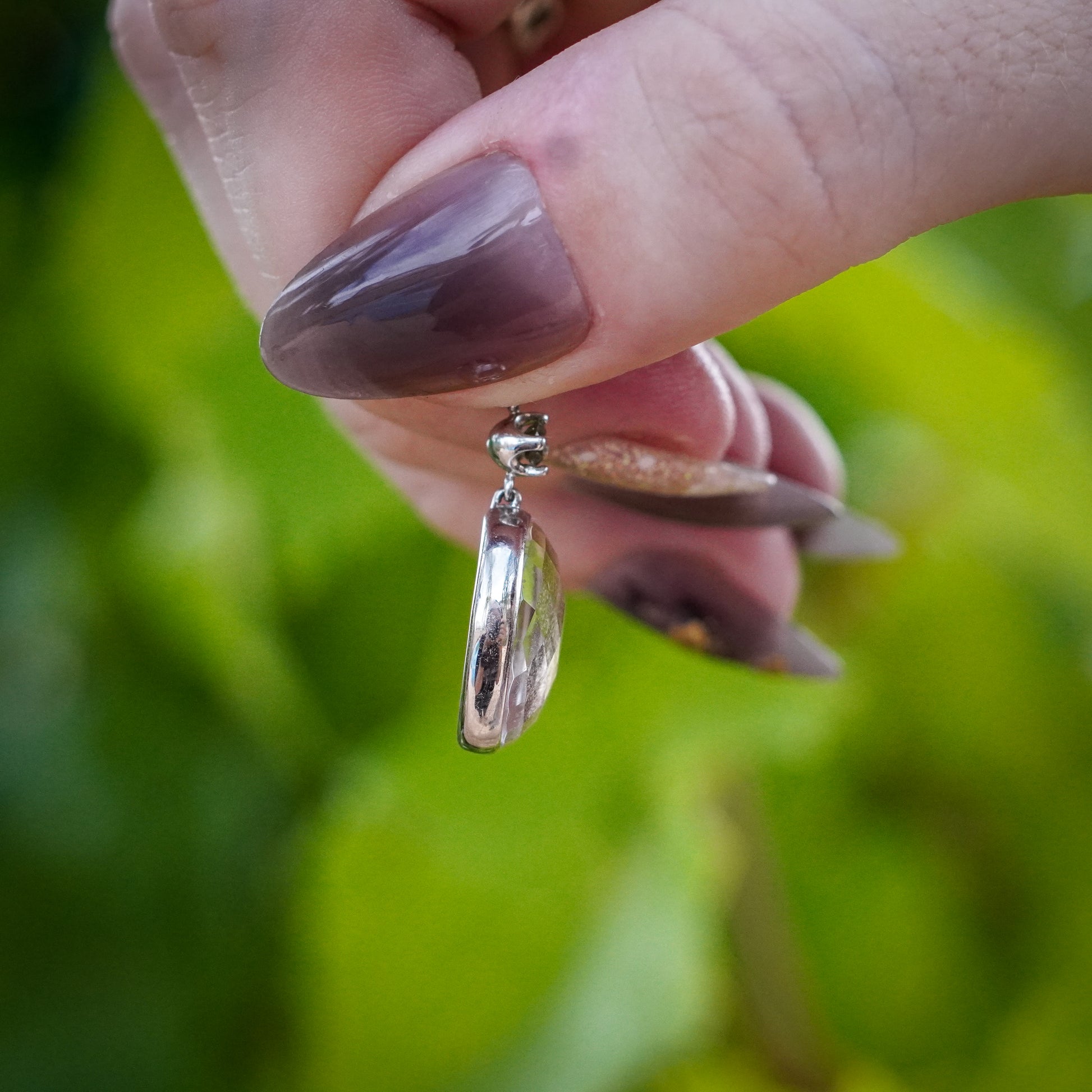 Iron Meteorite with Dainty Moldavite Gemstone Silver Pendant
