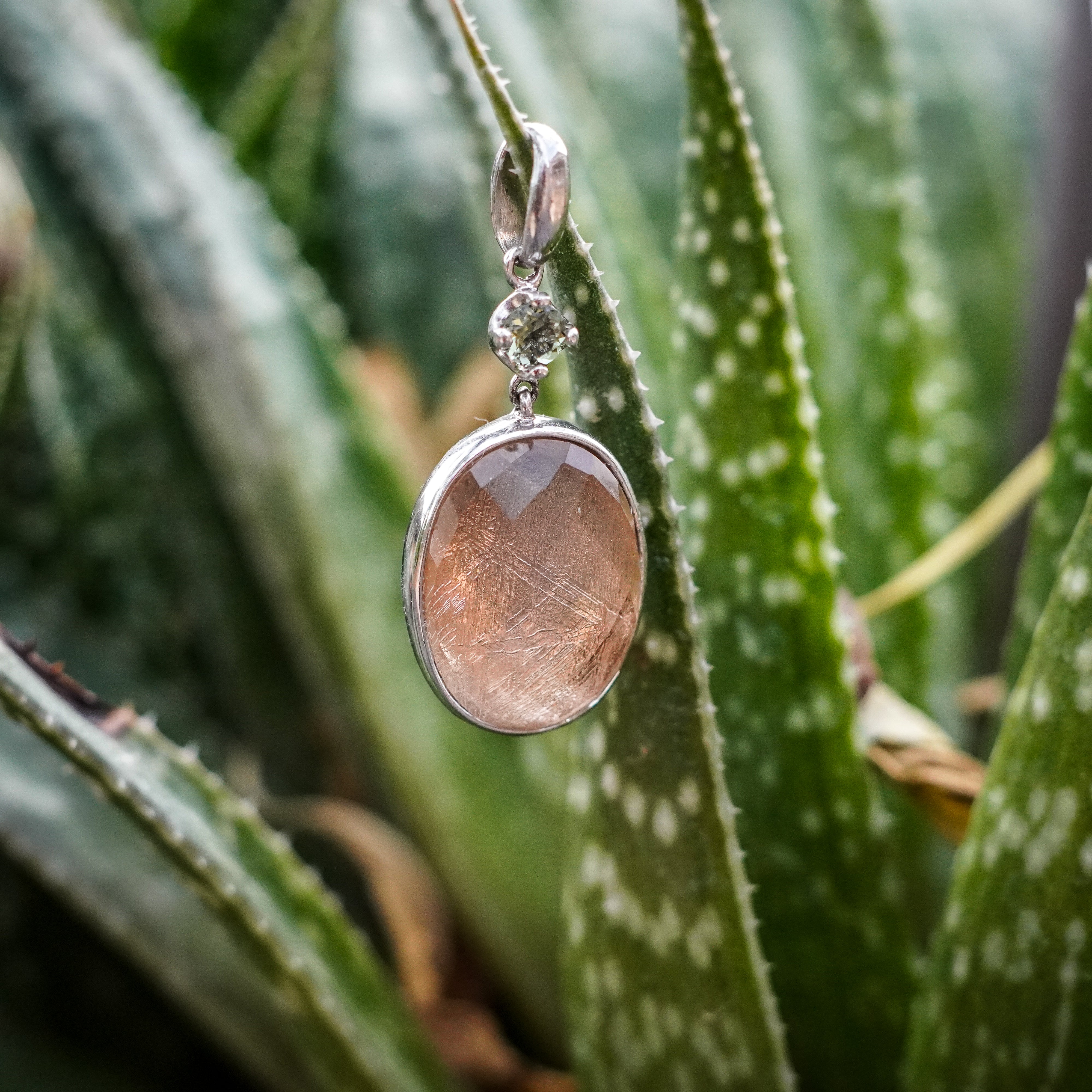 Iron Meteorite with Dainty Moldavite Gemstone Silver Pendant