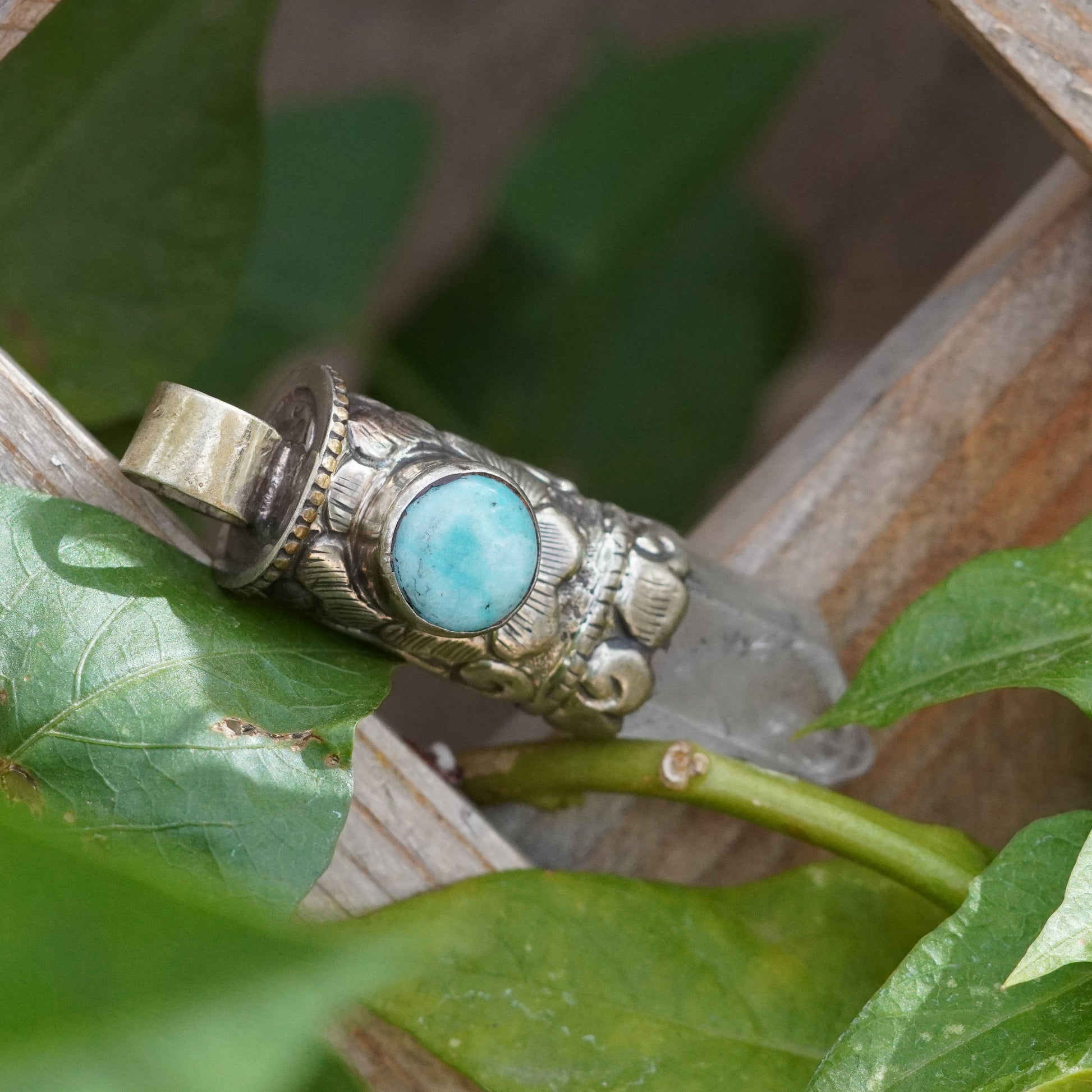 Vintage Quartz Pendant with Larimar Accent Stone- Handmade in Nepal