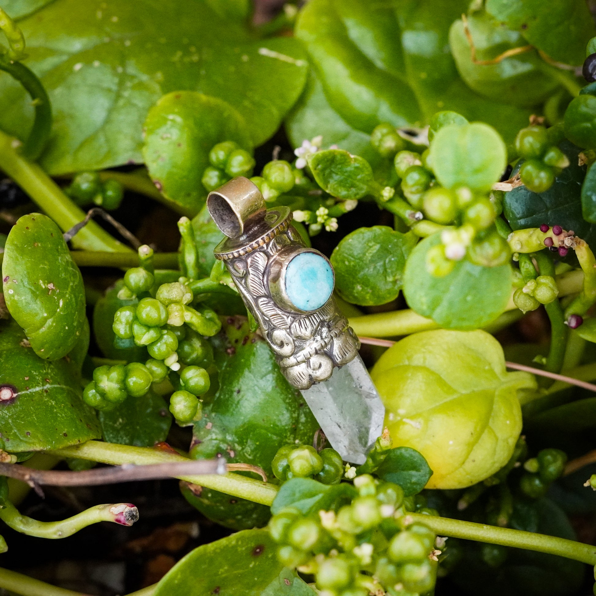 Vintage Quartz Pendant with Larimar Accent Stone- Handmade in Nepal