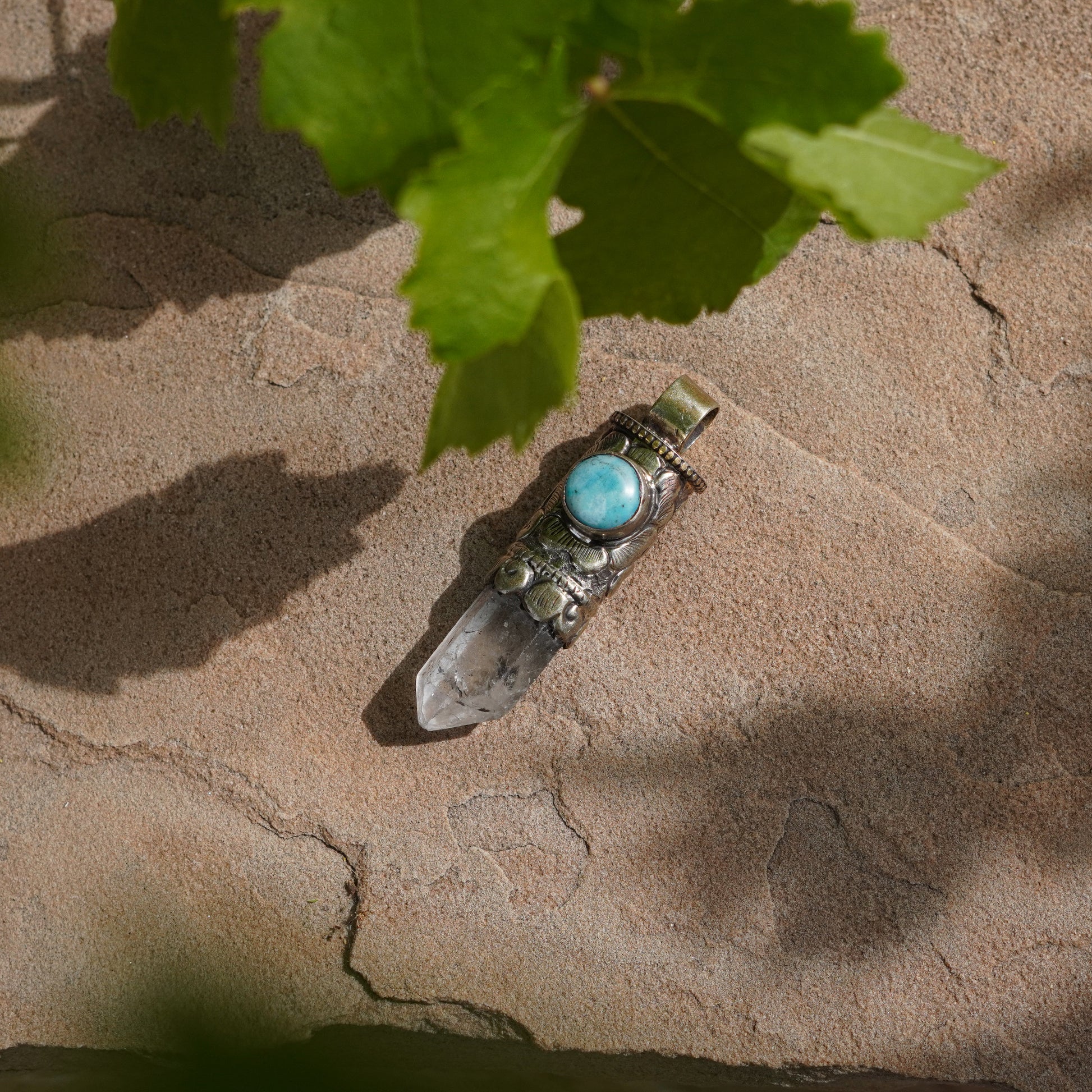 Vintage Quartz Pendant with Larimar Accent Stone- Handmade in Nepal