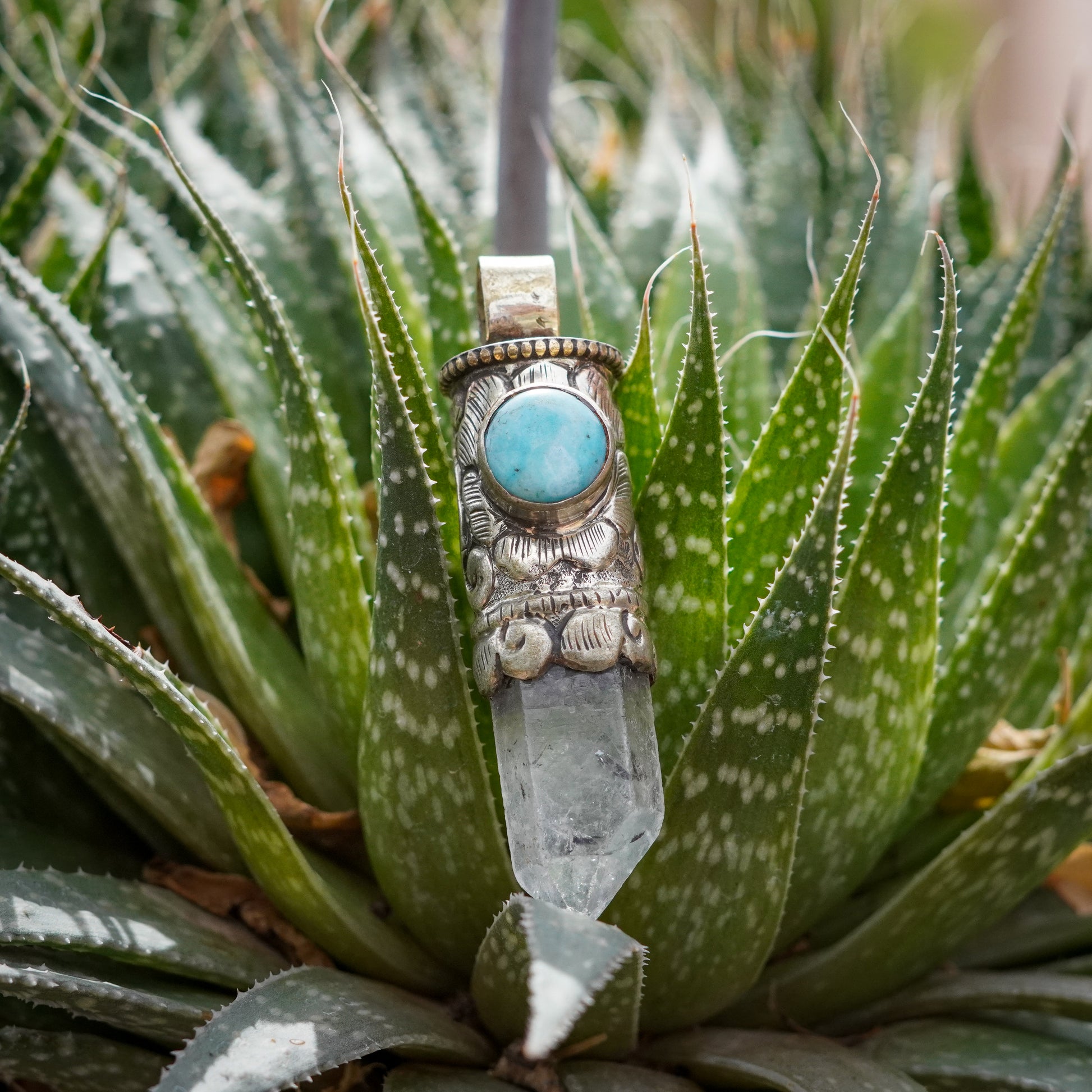 Vintage Quartz Pendant with Larimar Accent Stone- Handmade in Nepal