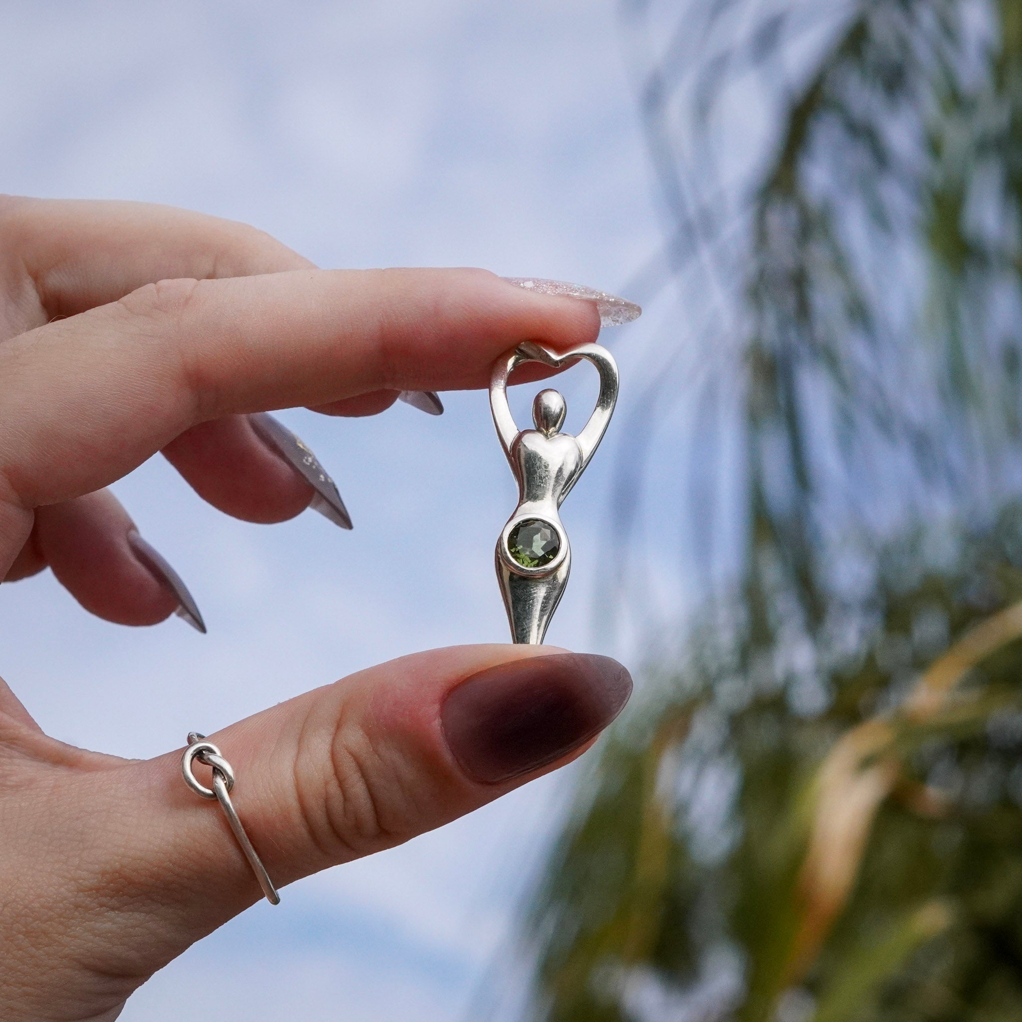 Facet Cut Moldavite Goddess Pendant - Sterling Silver Jewelry