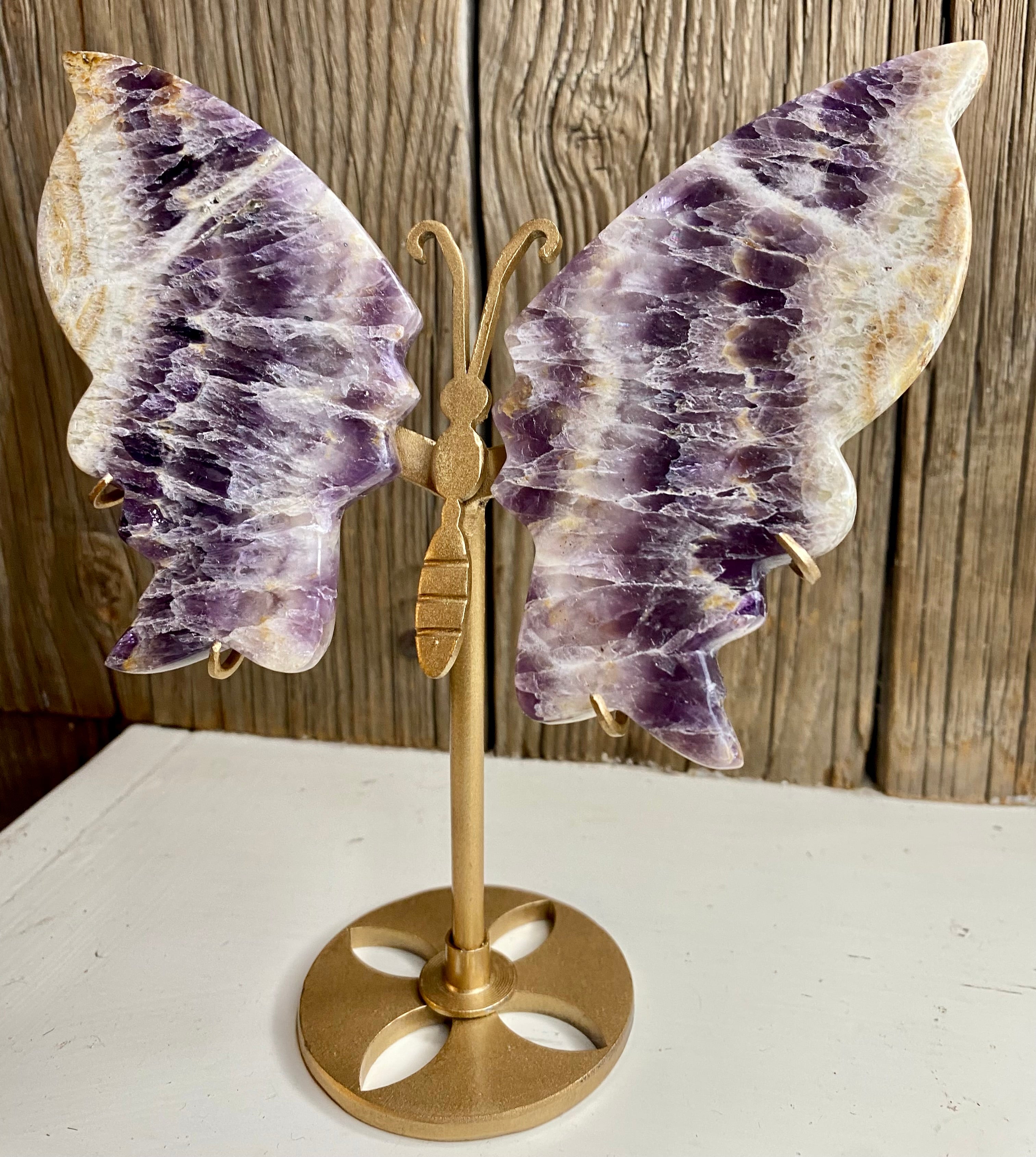 Chevron Amethyst Gemstone Butterfly Wings with Stand