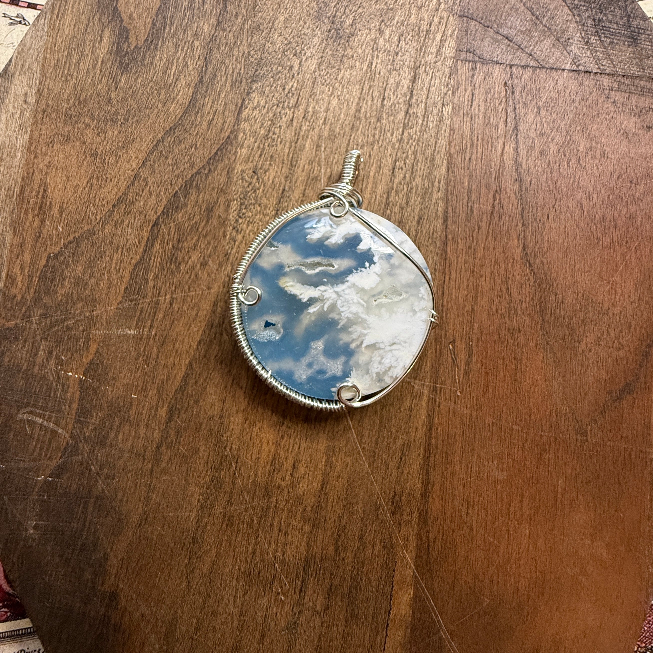 Plume Agate Amulet with Sky Blue Backdrop Wire Wrapped Pendant with Silver Chain