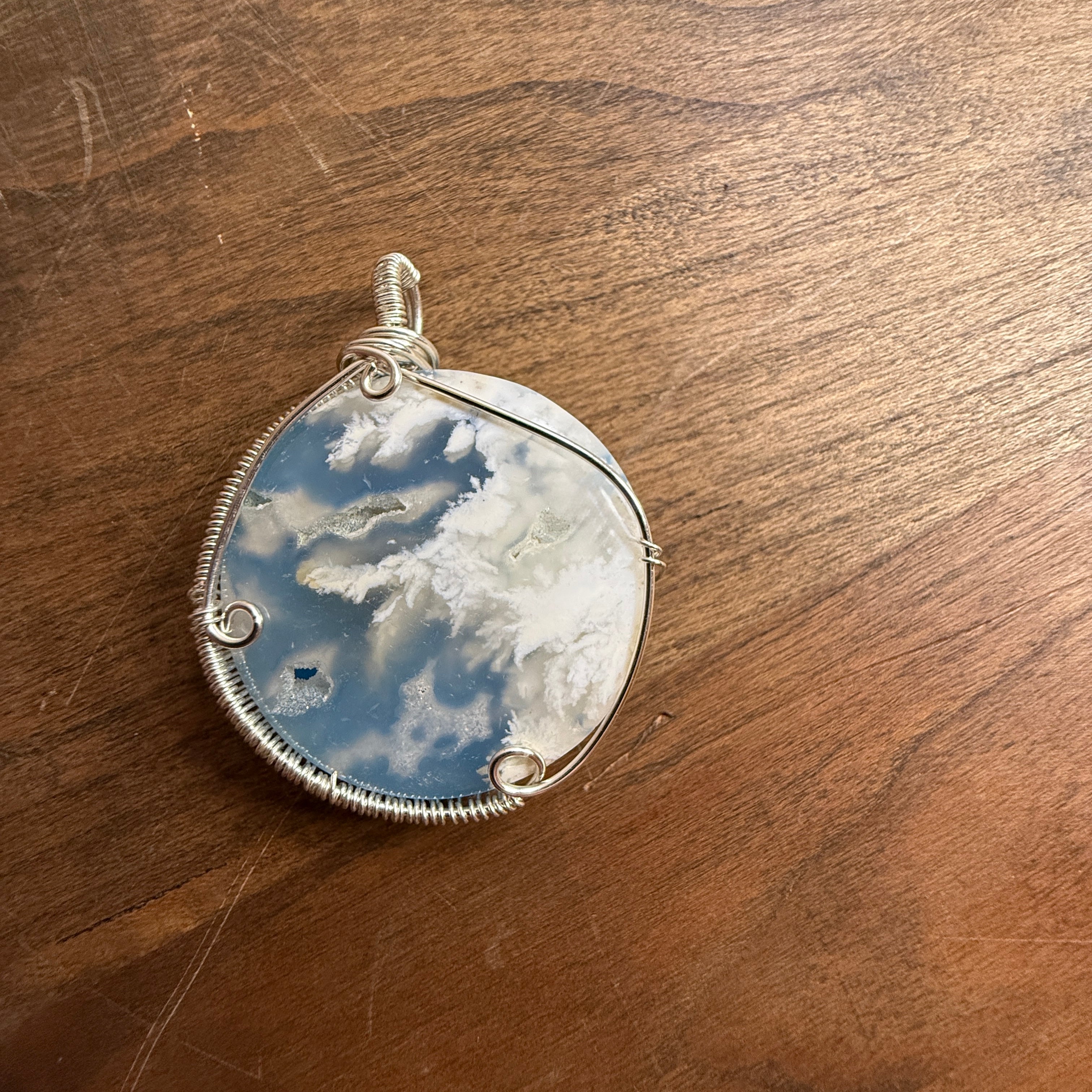 Plume Agate Amulet with Sky Blue Backdrop Wire Wrapped Pendant with Silver Chain