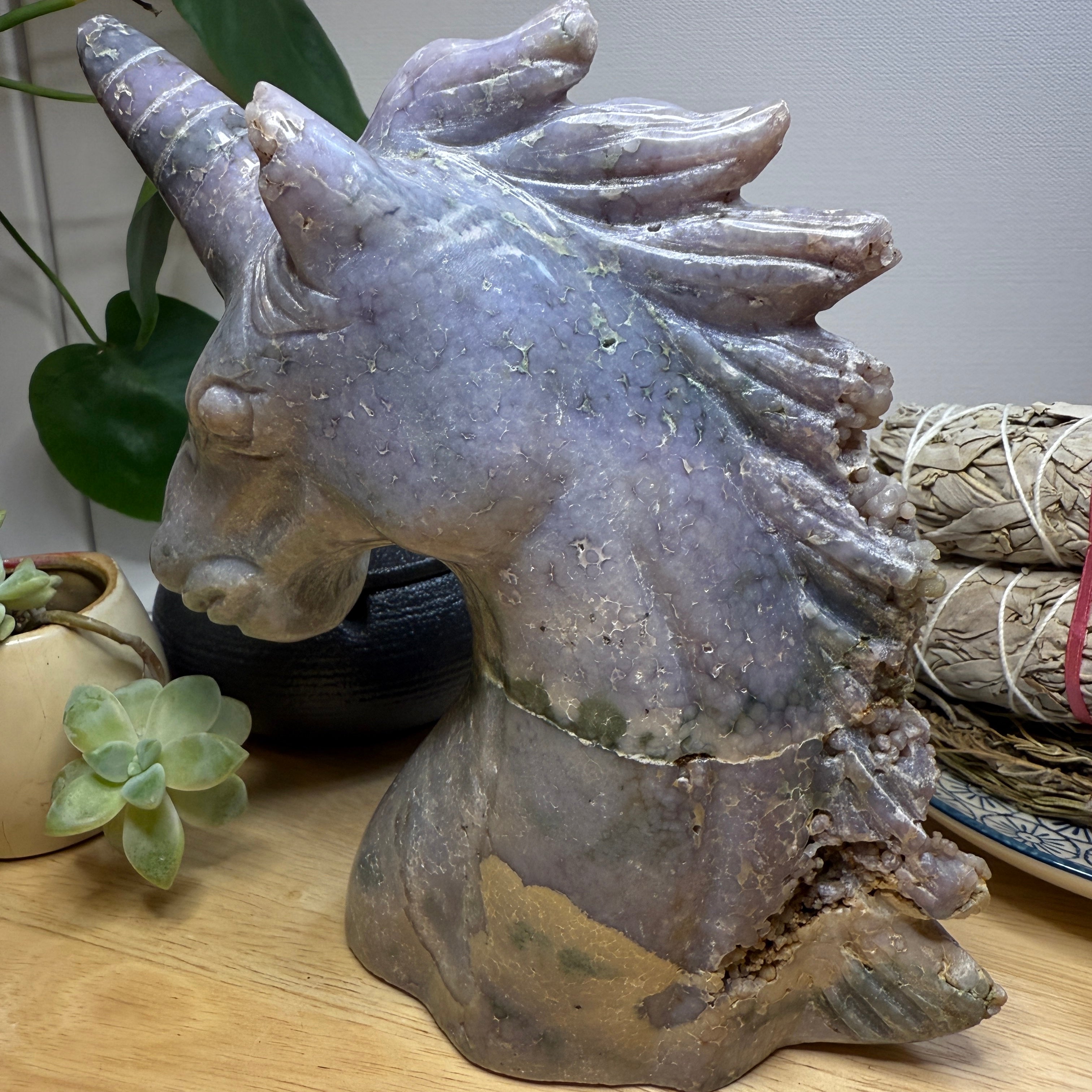 Magical Jumbo Grape Agate Crystal Unicorn Carving Display Specimen from Indonesia