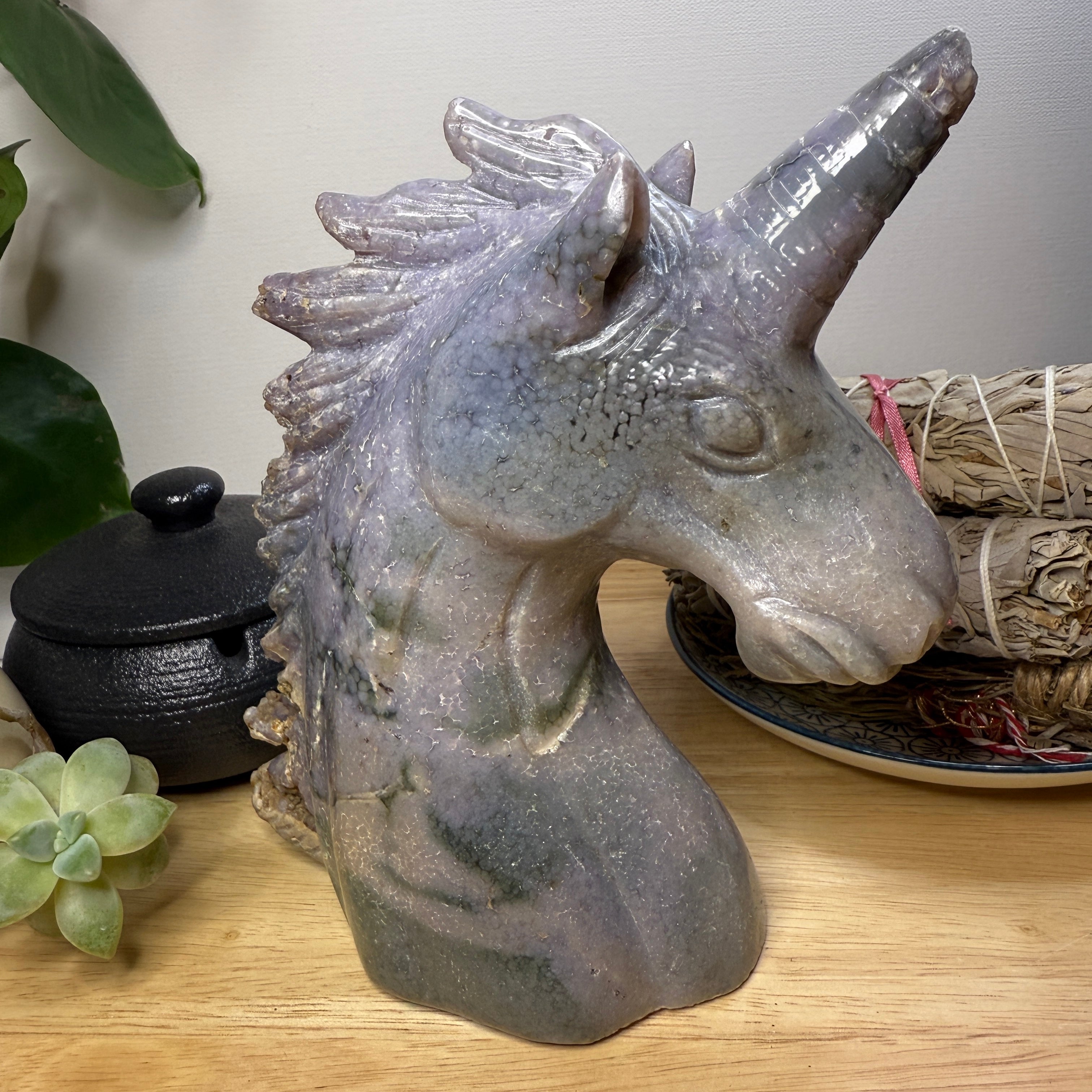 Jumbo Grape Agate Standing Unicorn Carving Display