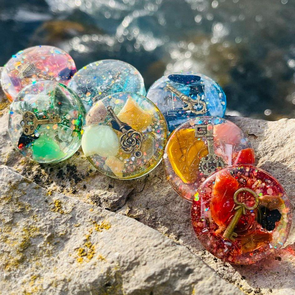 Flat Orgonite Chakra Sets~ Infused with Dragon Charm or Skeleton Keys ~Elemental Energy - Earth Family Crystals