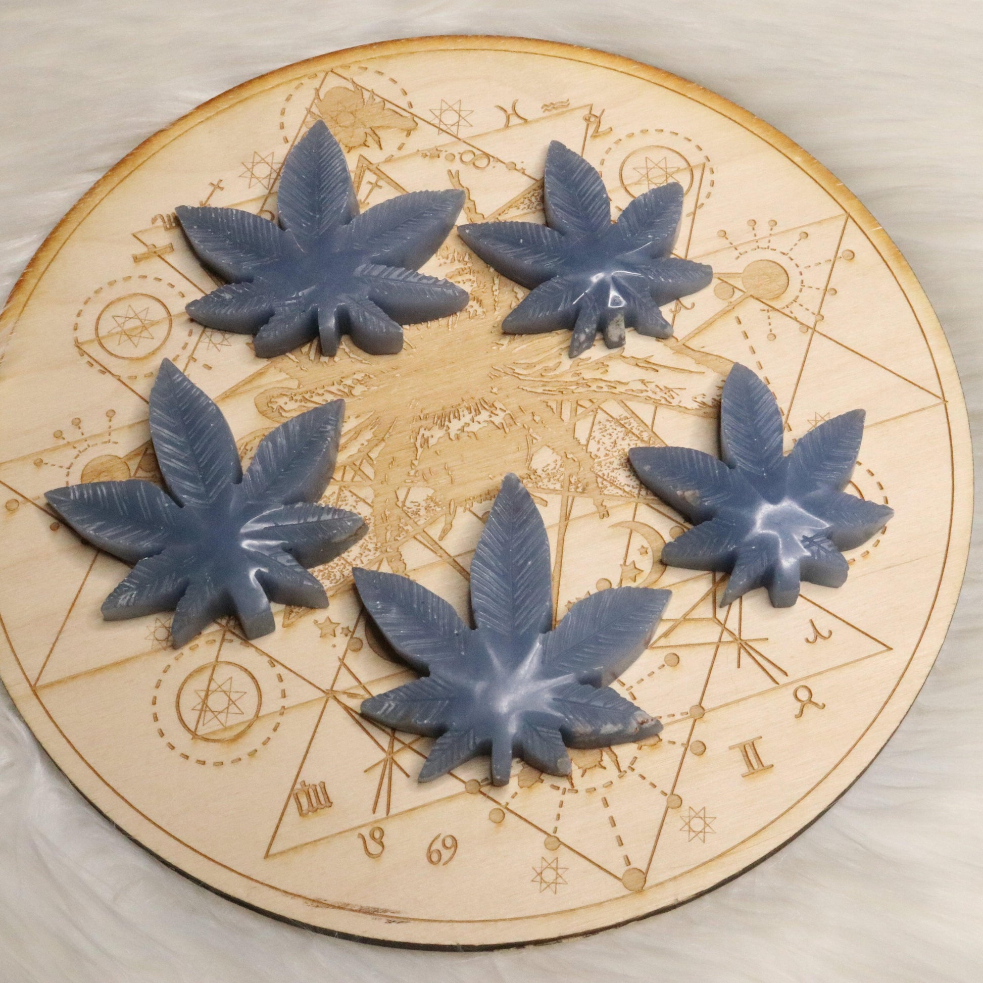 Angelite 420 Leaf Carvings ~ Earthy and Uplifitng Vibes - Earth Family Crystals