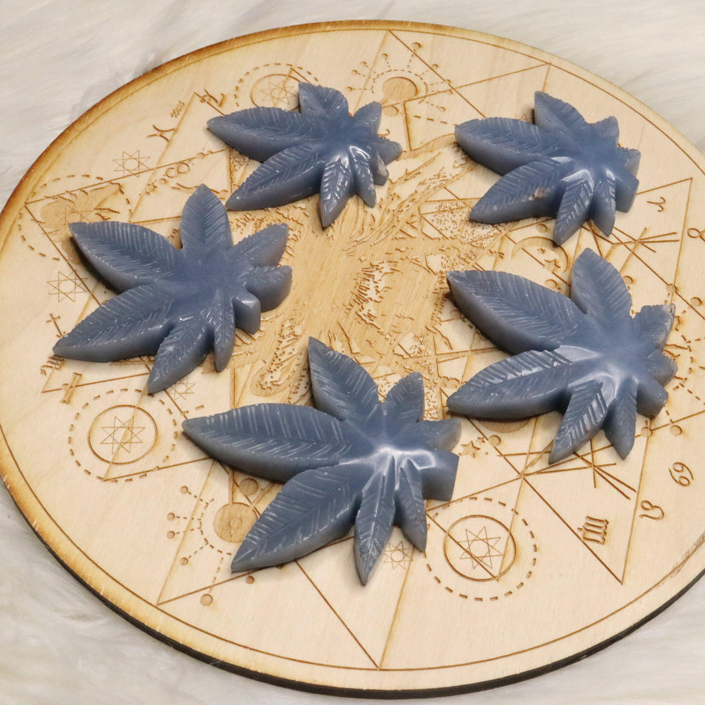 Angelite 420 Leaf Carvings ~ Earthy and Uplifitng Vibes - Earth Family Crystals