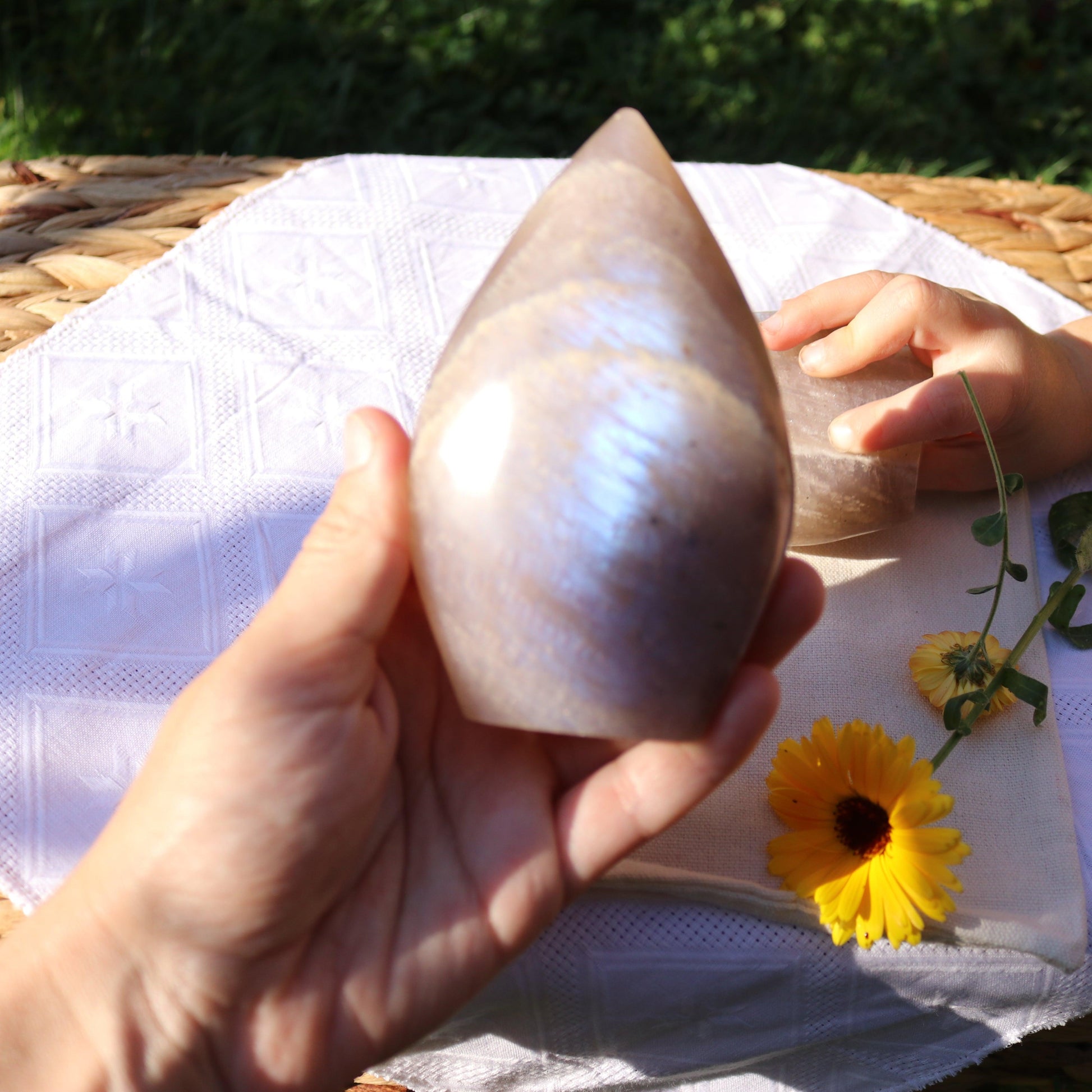 Blue Moonstone Raindrop Carvings ~ Incredible Blue Flash - Earth Family Crystals