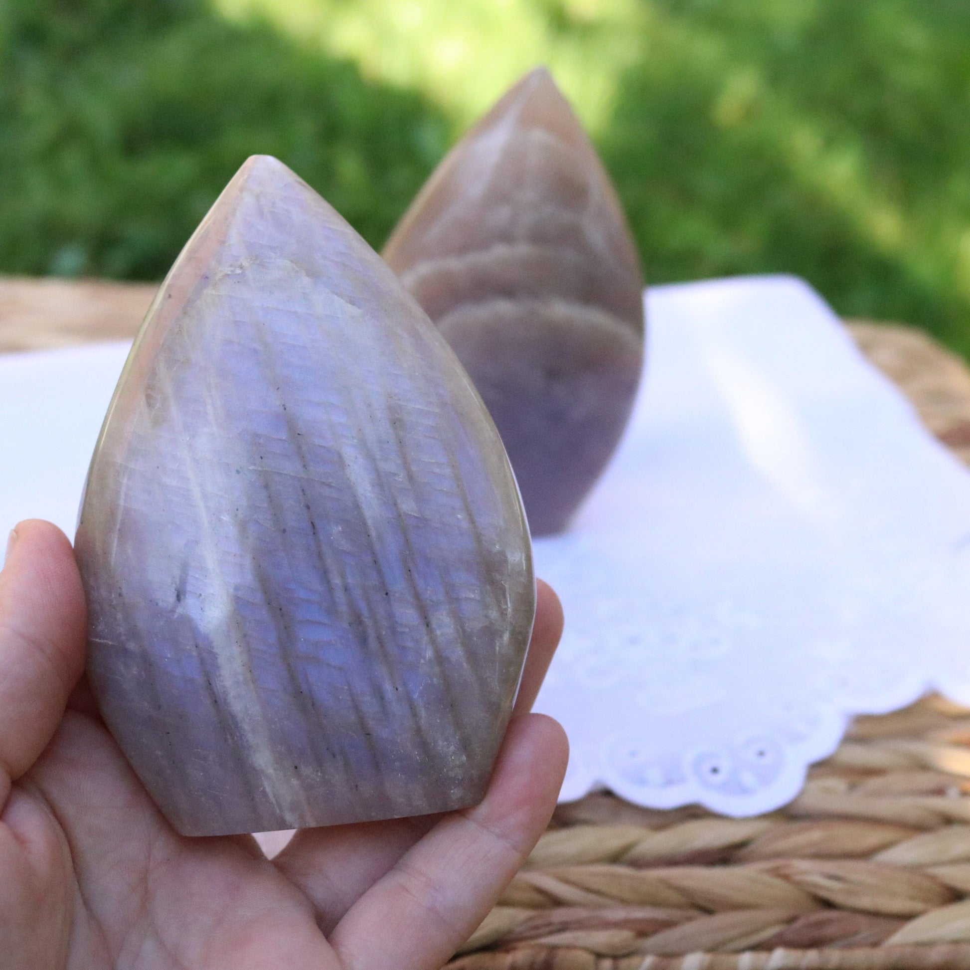 Blue Moonstone Raindrop Carvings ~ Incredible Blue Flash - Earth Family Crystals