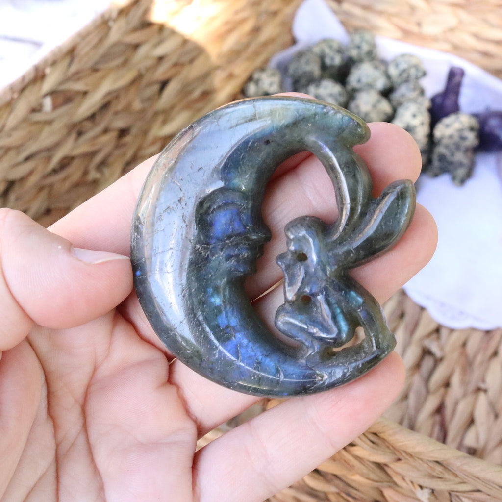 Labradorite Moon Fairy Carving ~ Flashes with Rainbow! - Earth Family Crystals