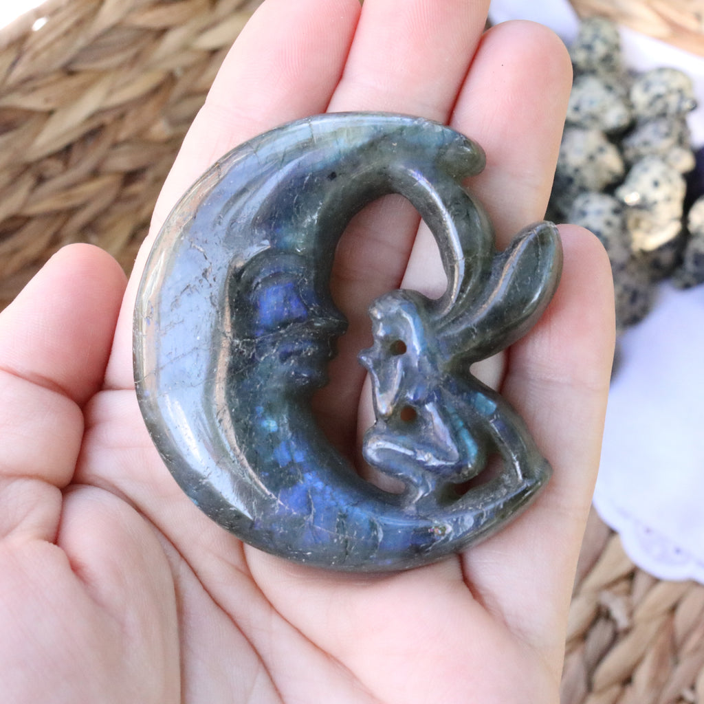 Labradorite Moon Fairy Carving ~ Flashes with Rainbow! - Earth Family Crystals