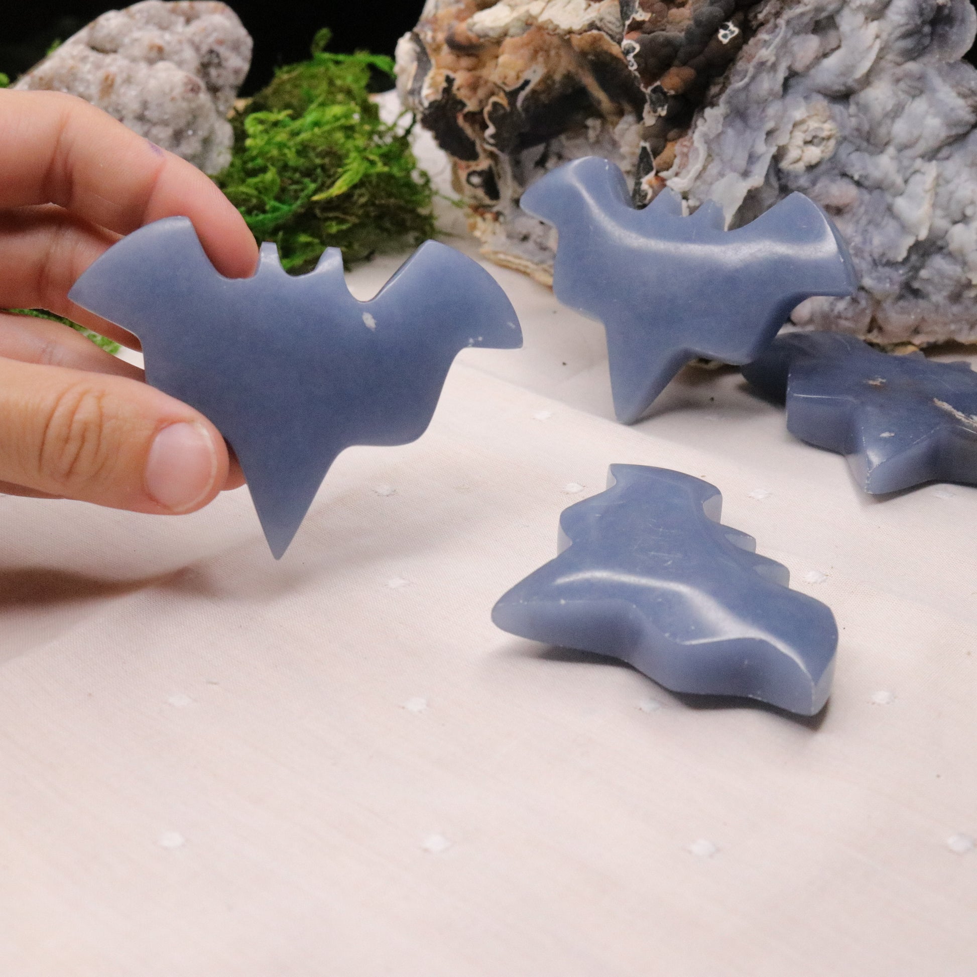 Angelite Bat Carvings from Peru - Earth Family Crystals