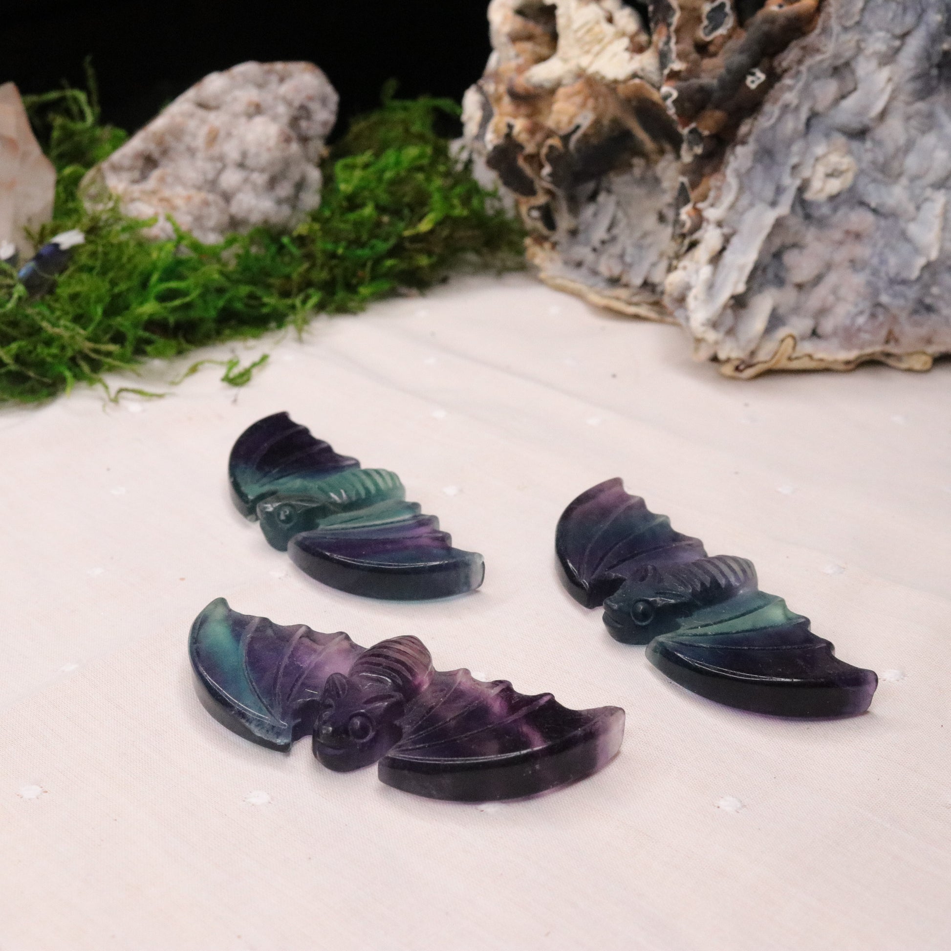 Rainbow Fluorite Bat Carvings ~ Vibrant Multicolor Banding - Earth Family Crystals