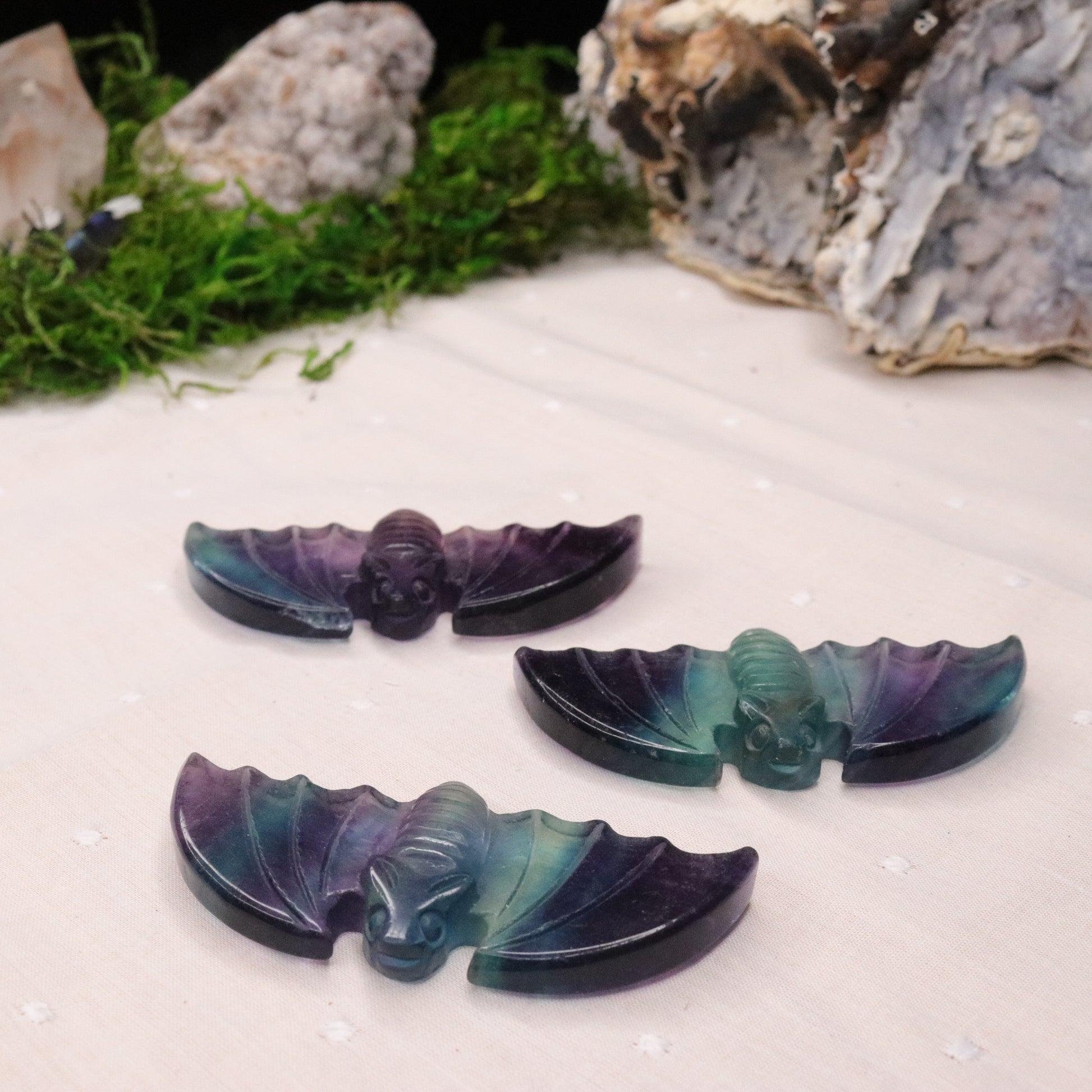 Rainbow Fluorite Bat Carvings ~ Vibrant Multicolor Banding - Earth Family Crystals