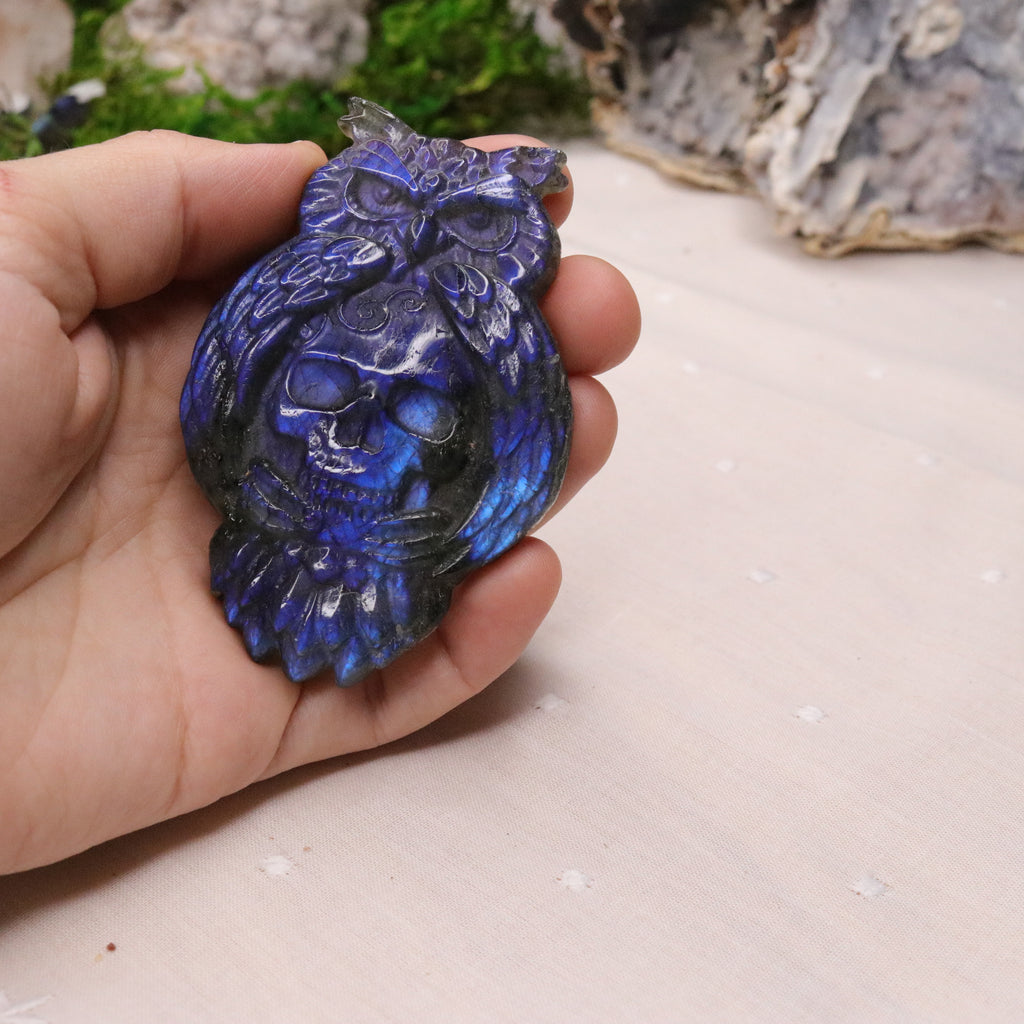 Flashy Blue Labradorite Owl and Skull Carving - Earth Family Crystals